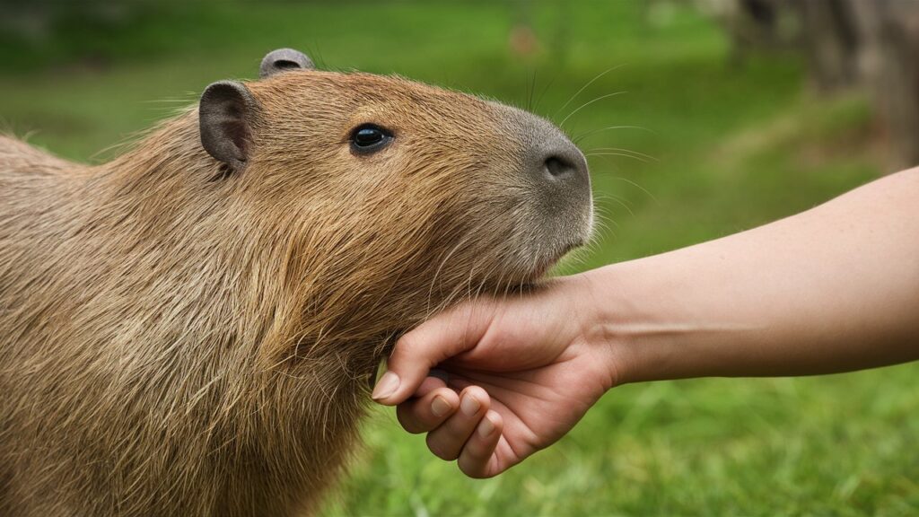 A close-up image of a capybara biting a human hand, showcasing the animal's large, furry head and calm demeanor. The capybara appears to be nibbling or exploring the hand with its mouth in a serene outdoor setting.