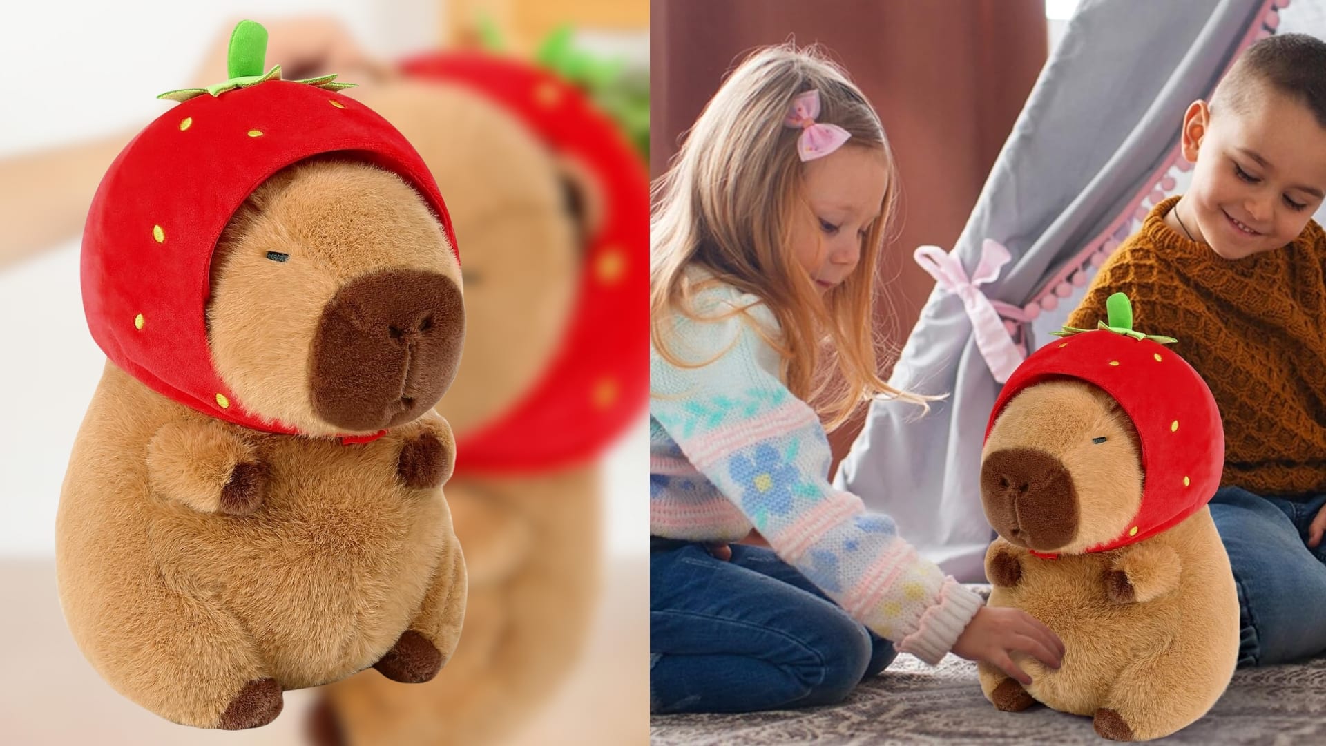 Capybara plush with stawberry scarf on his head. A girl and boy is playing with the plush toy