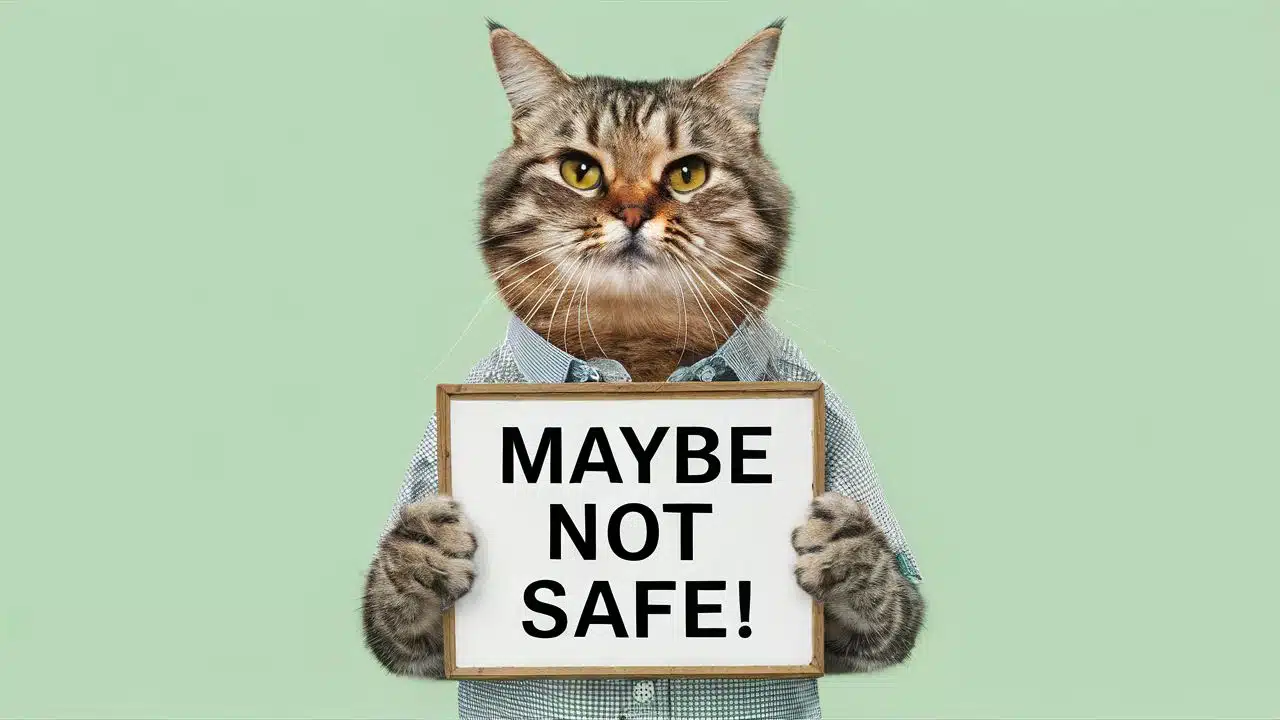 A humorous image of a cat dressed in a shirt, holding a sign that reads "Maybe Not Safe!" The cat's serious expression adds to the comedic effect, emphasizing the message on the sign. The background is a solid light green color.