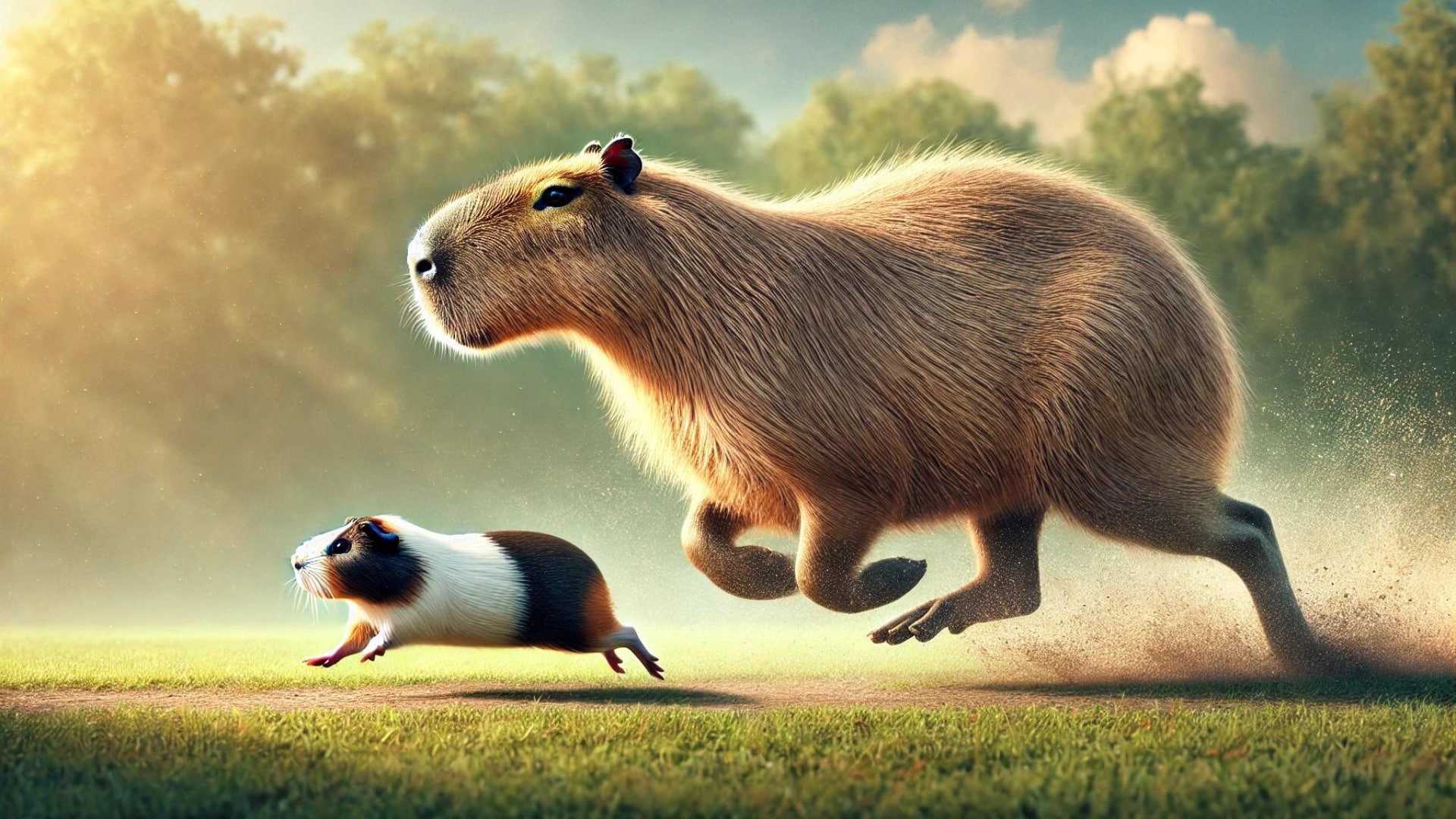 The capybara is shown in mid-run, displaying its strong and steady gait, while the guinea pig is also running but with a quicker, more rapid movement.