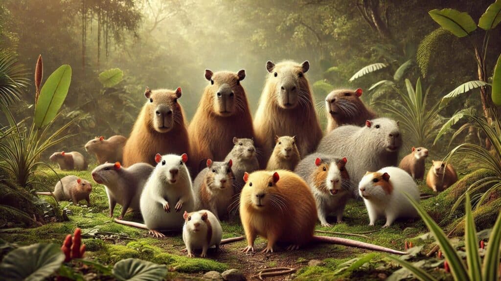 A group of rodents, including capybaras, guinea pigs, and rats, standing in a lush, green forest. They are all looking at the camera.