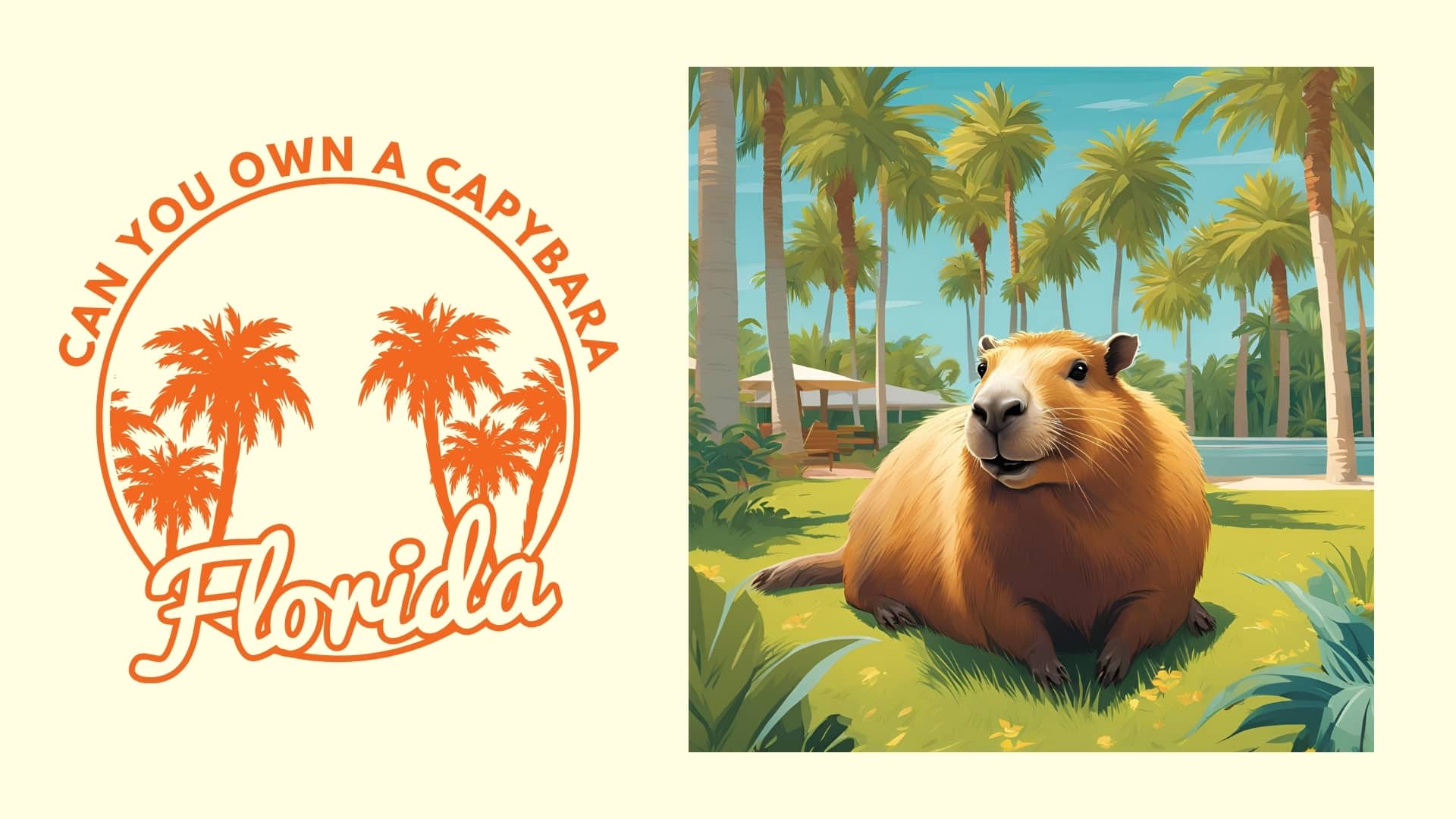 capybara sitting in florida garden and one the left side of image is written can you own a capybara in florid