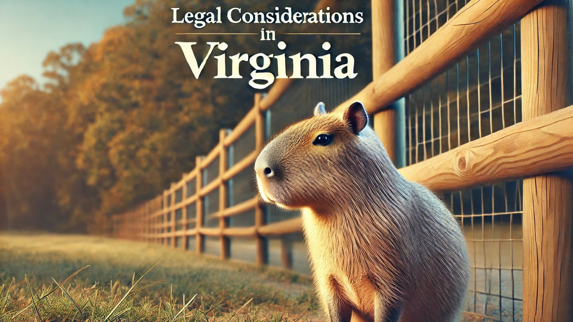 An image representing the topic 'Legal Considerations in Virginia,' featuring a capybara near a well-secured fence with trees in the background, symbolizing regulations and boundaries for exotic pets.