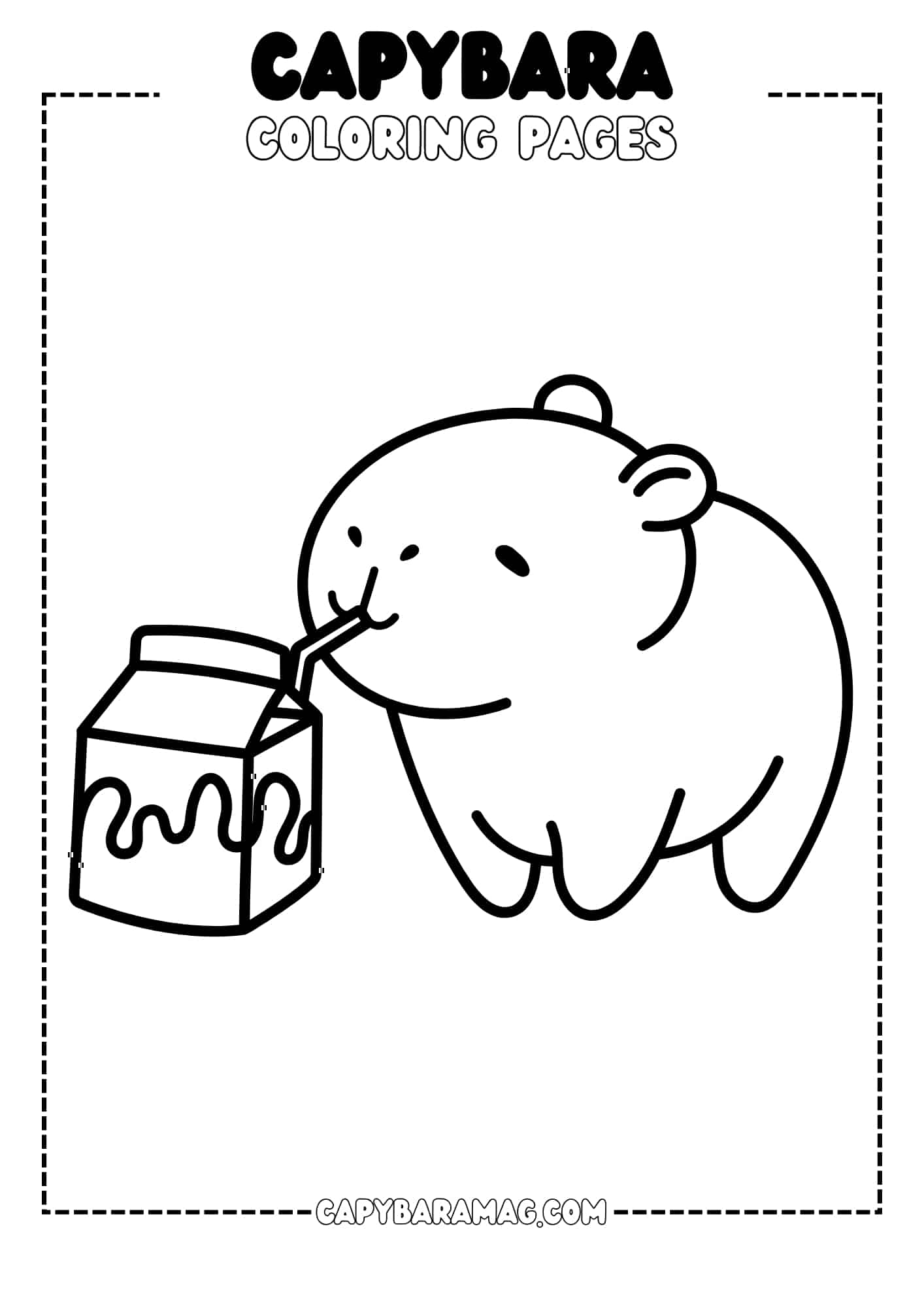  The capybara is standing up and using a straw to drink from a juice box. Its face is filled with contentment as it savors the beverage. The simple lines and cute details make it a perfect coloring page for children who love animals and drinks.