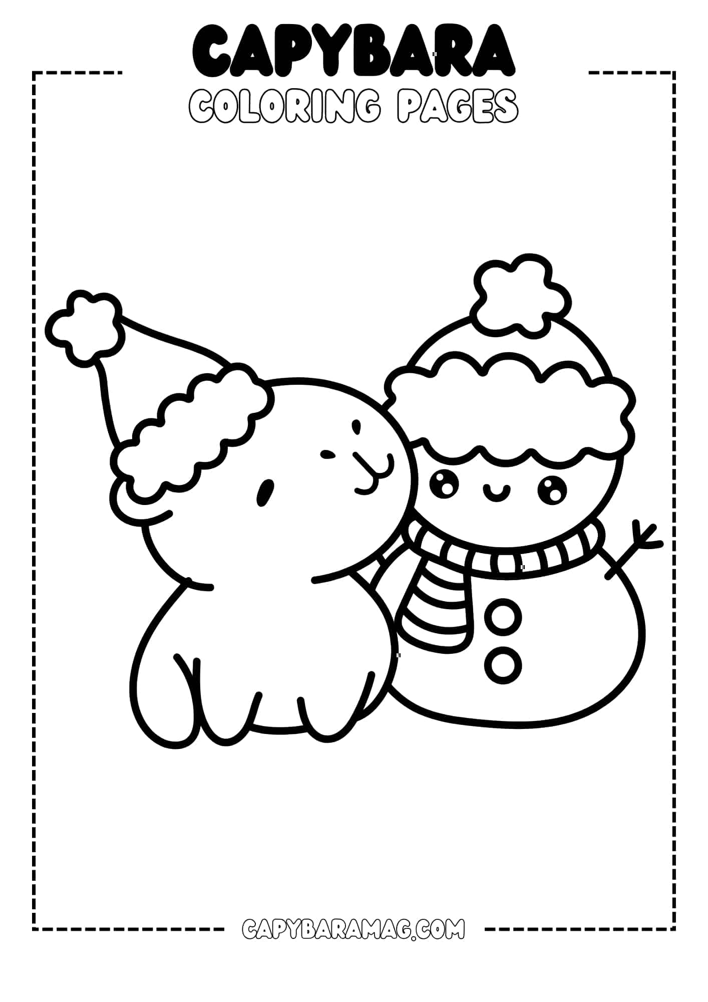 A simple line drawing of a capybara wearing a Santa hat and a snowman with a scarf and a hat. The capybara and snowman are looking at each other.