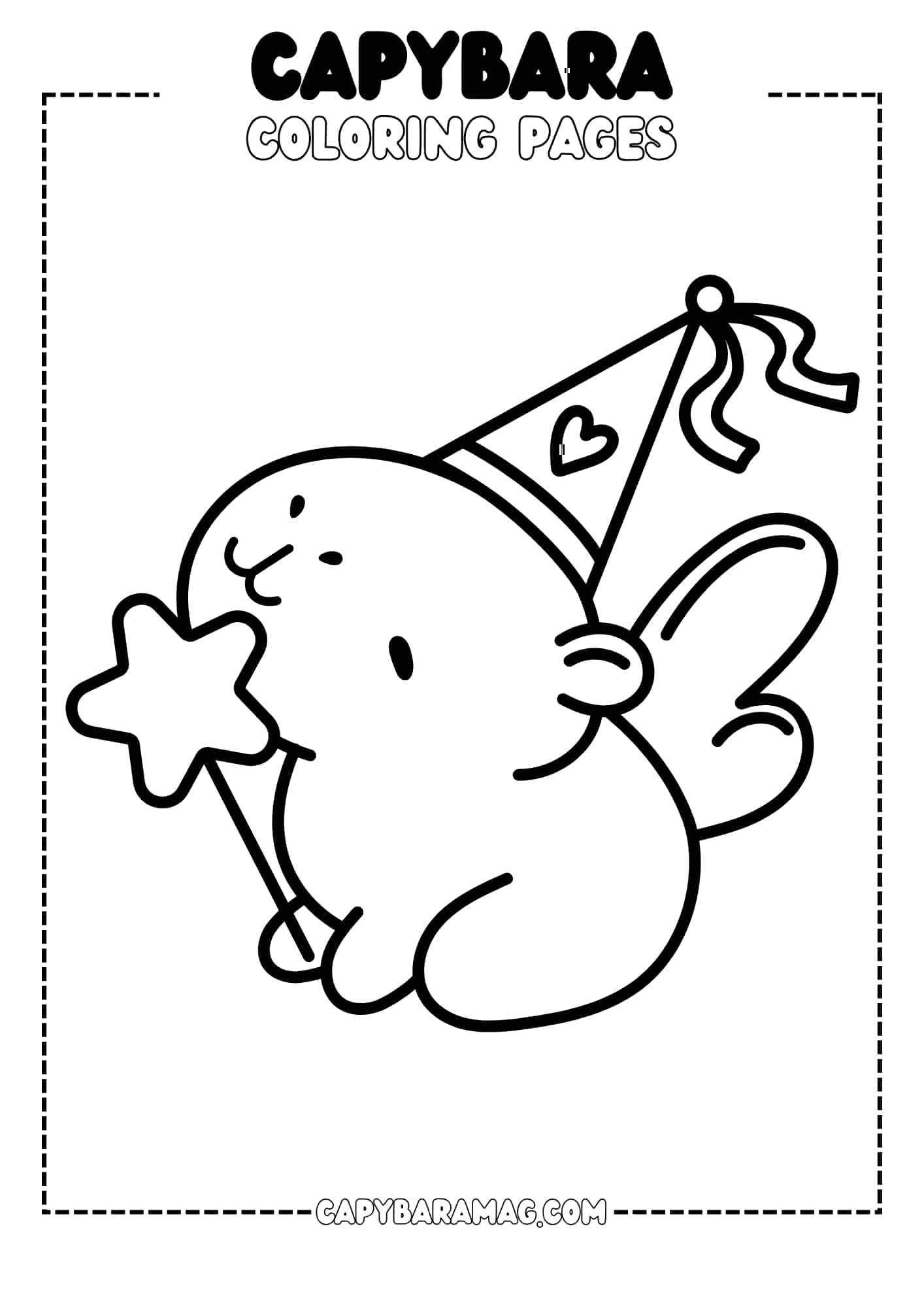 The capybara is wearing a festive party hat with a ribbon and is holding a star-shaped lollipop. It has a big smile on its face, suggesting excitement and joy. This simple and adorable illustration is perfect for a coloring page, inviting children to add their own colors to the picture.