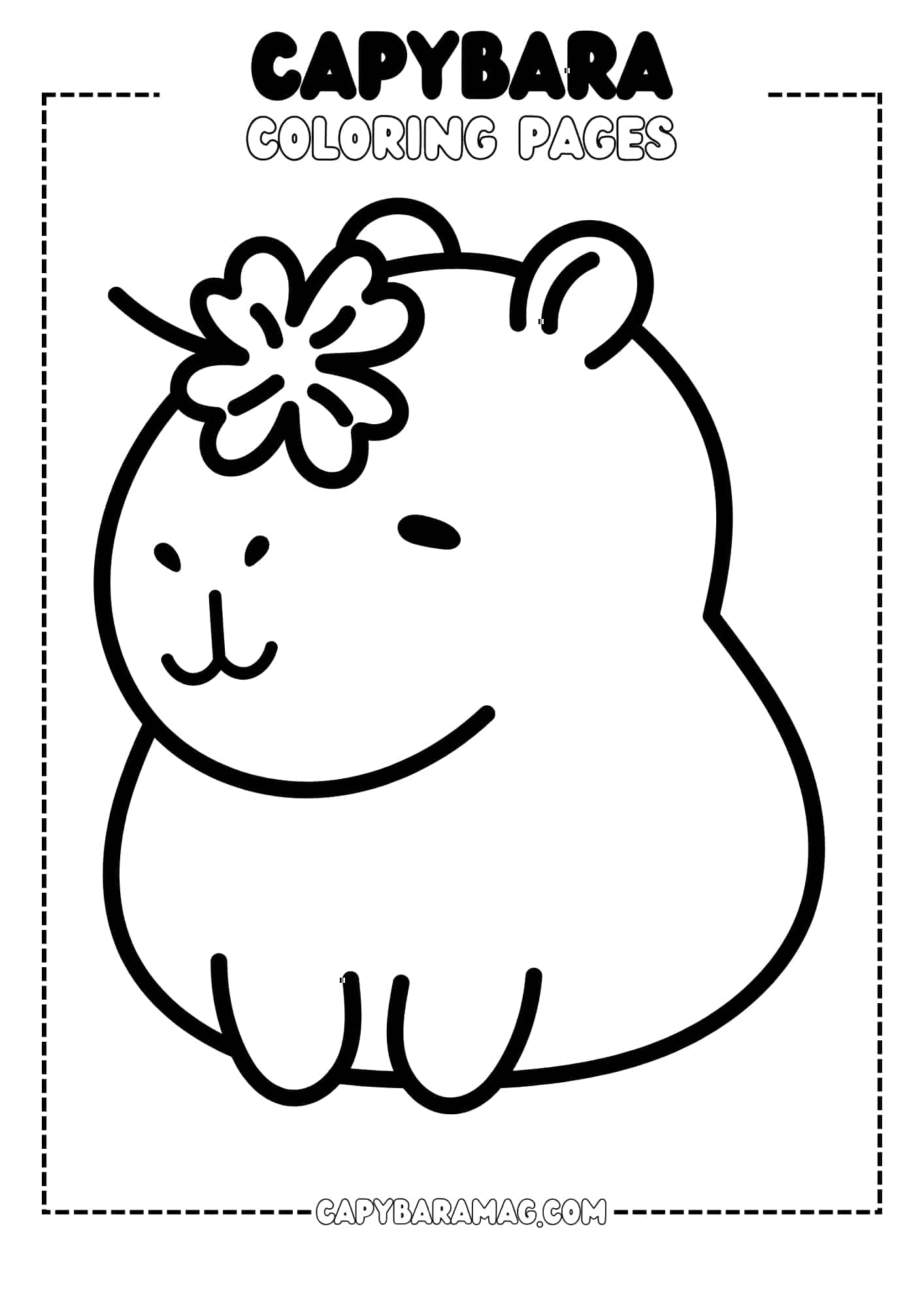 The capybara has a sweet smile on its face, suggesting good luck and happiness. The four-leaf clover adds a touch of whimsy and charm to the image. This simple and adorable illustration is perfect for a coloring page, inviting children to add their own colors to the picture.