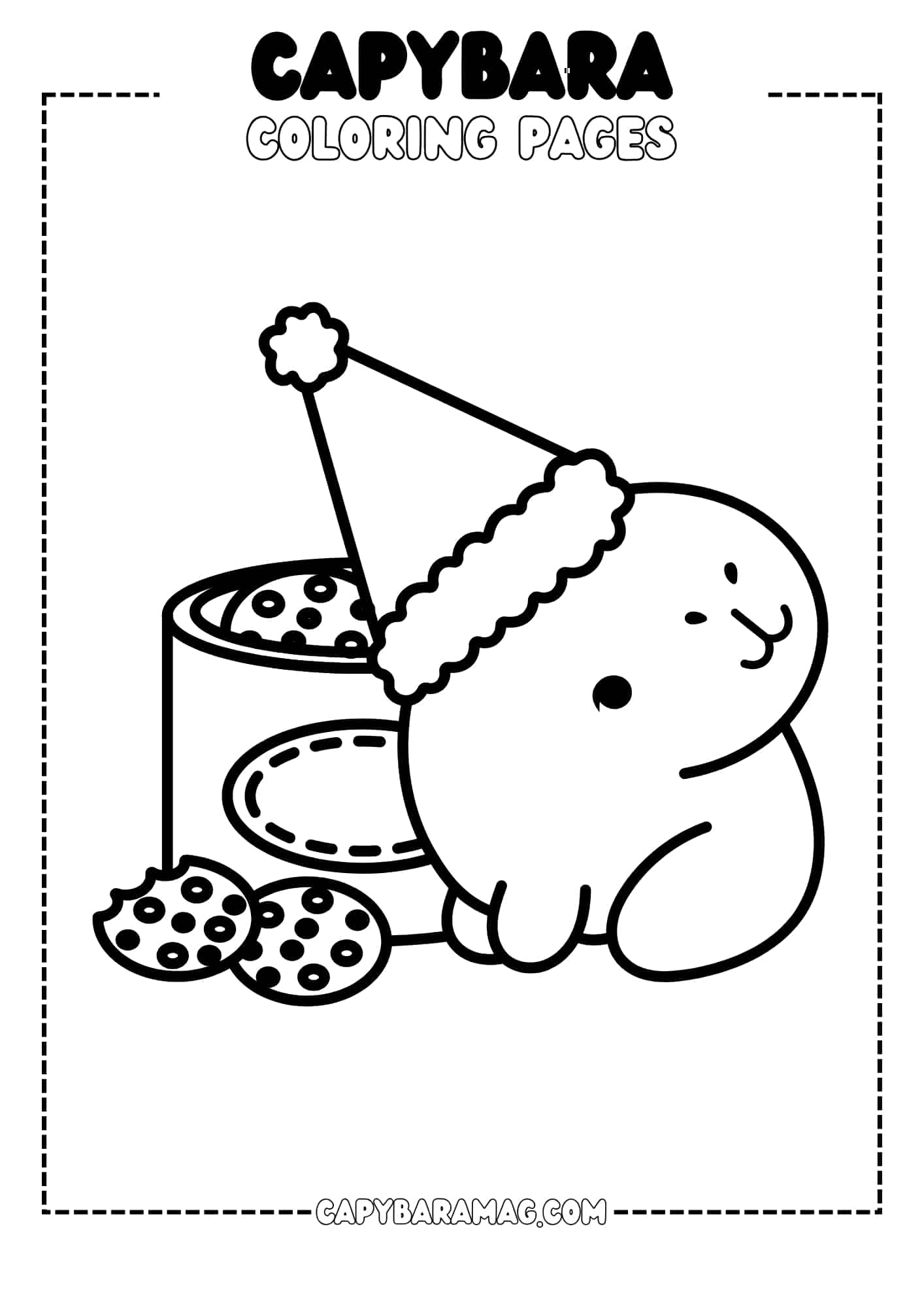 The capybara is wearing a festive hat and is sitting next to a cookie tin. There are a few cookies scattered around, suggesting a recent feast. The capybara has a contented smile on its face, indicating it is enjoying its treat. This simple and cheerful illustration is perfect for a coloring page, inviting children to add their own colors to the picture.