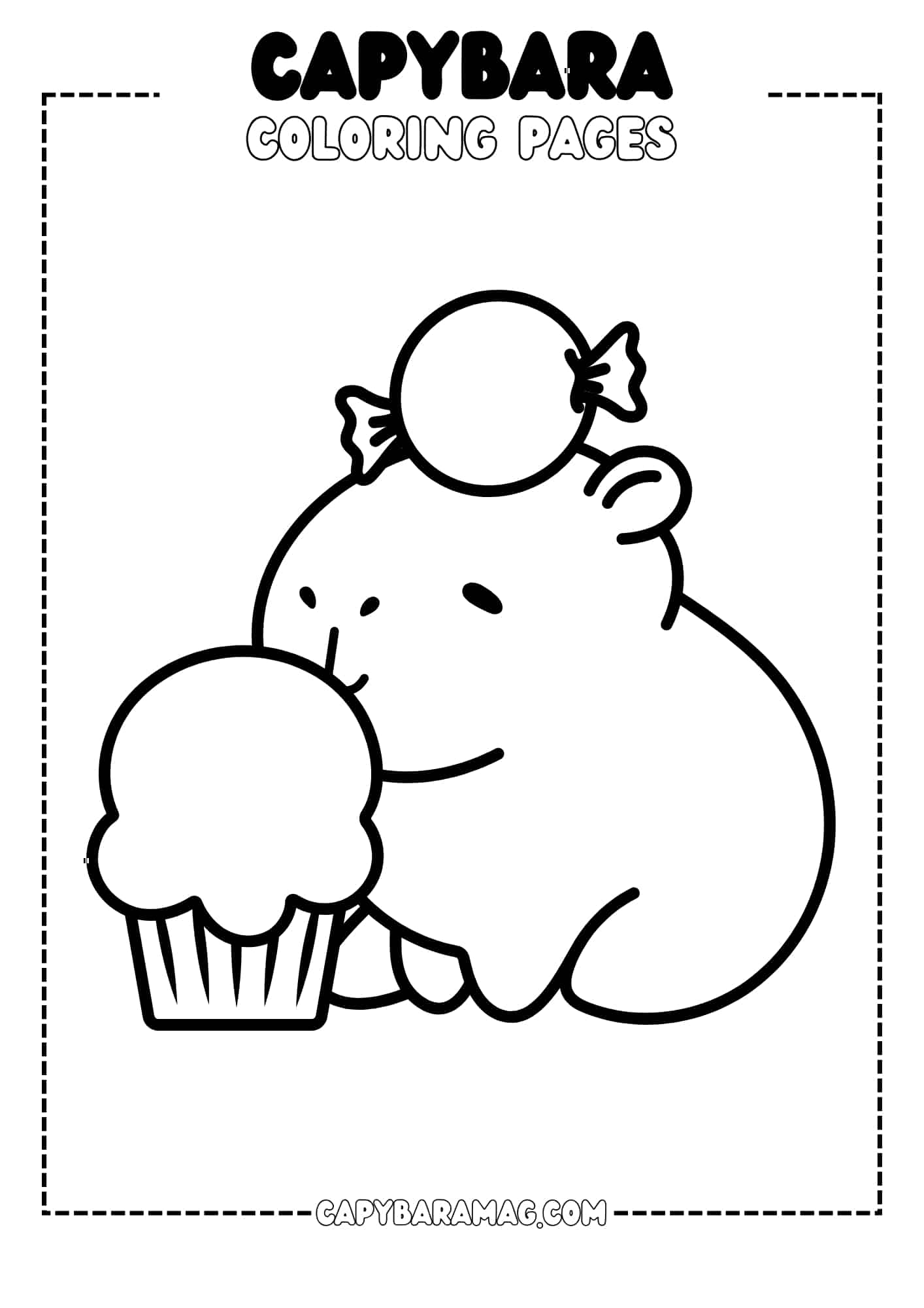 The capybara is wearing a candy hat and is holding a cupcake. It has a contented expression on its face, suggesting it's savoring every bite. The simple lines and cute details make it a perfect coloring page for children who love animals and sweets.