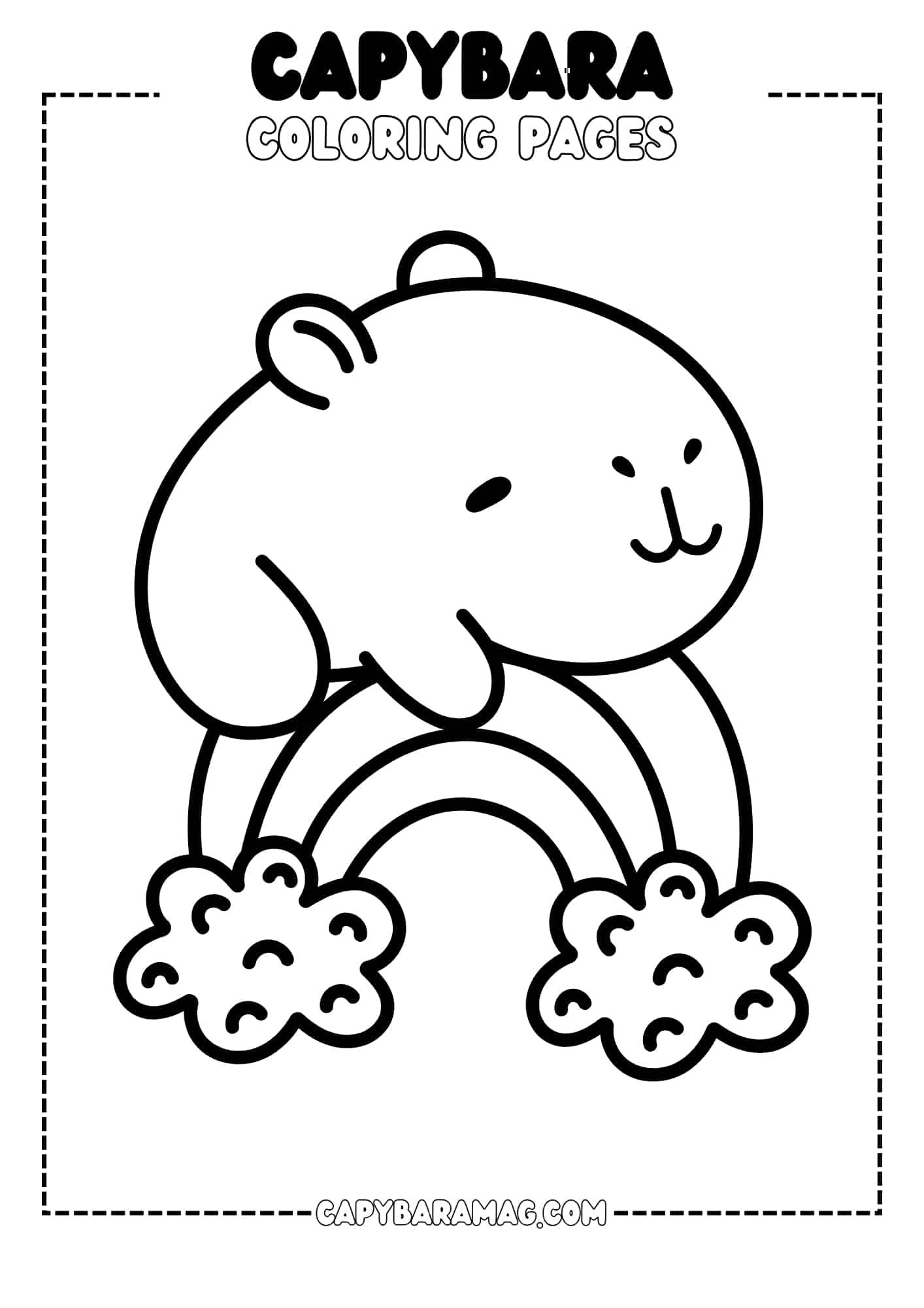 The capybara is smiling and looks content. The rainbow has fluffy clouds on either side, adding to the whimsical and cheerful scene. This simple and adorable illustration is perfect for a coloring page, inviting children to add their own colors to the picture.