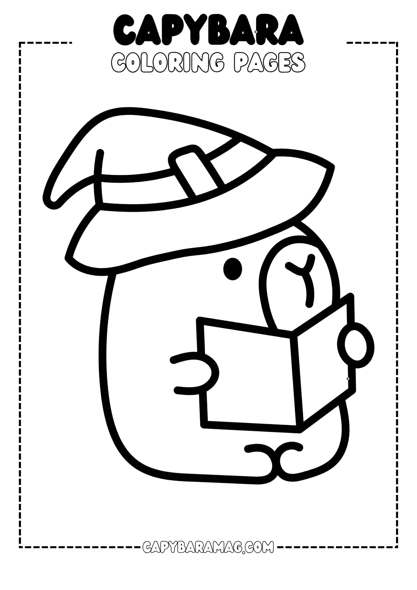 The capybara is wearing a pointed witch's hat and is reading a book. It has a cute smile on its face and is sitting on its hind legs. The illustration is simple and charming, perfect for a coloring page.