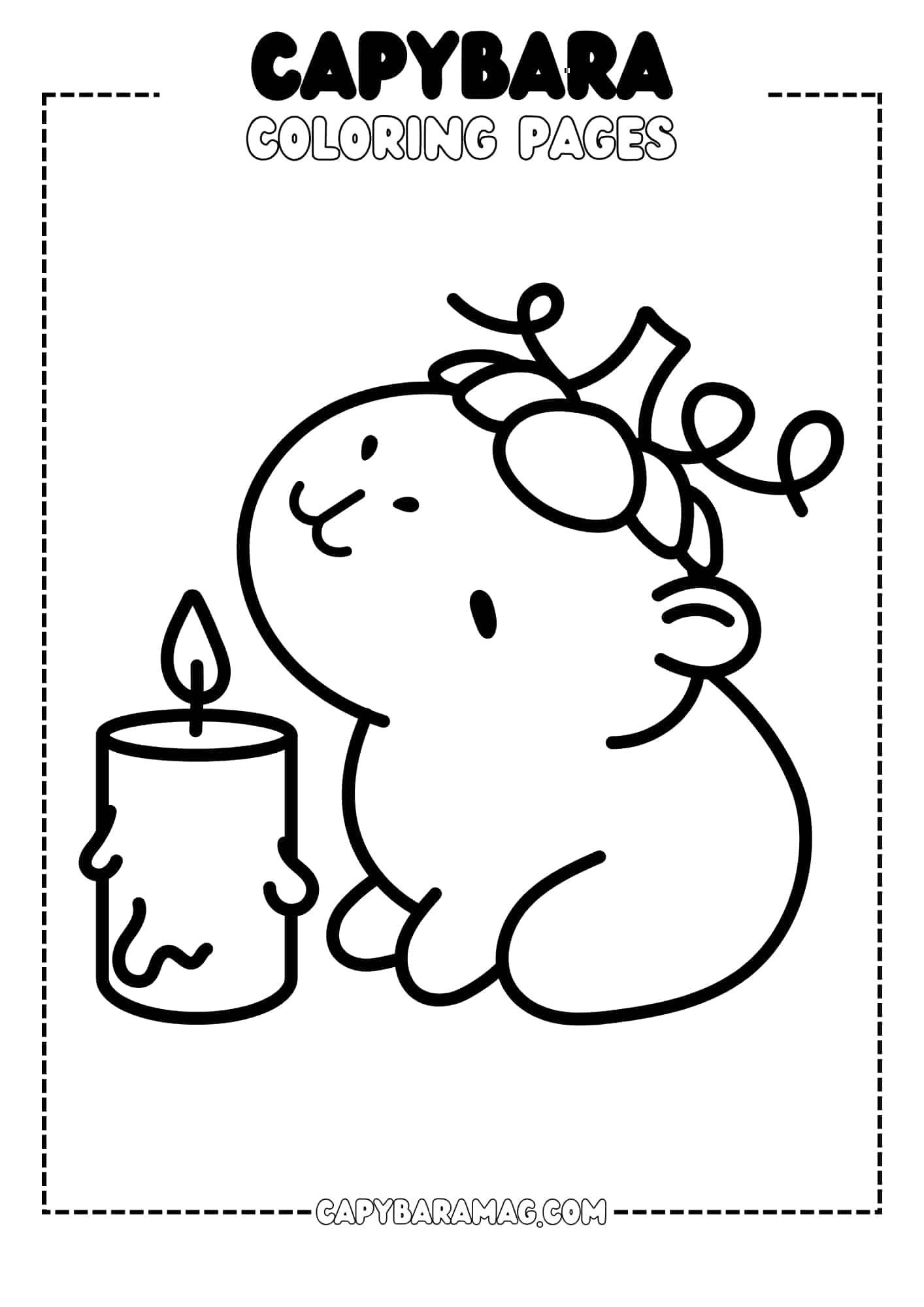 A simple line drawing of a capybara wearing a pumpkin hat and holding a candle. The capybara has a small smile on its face.