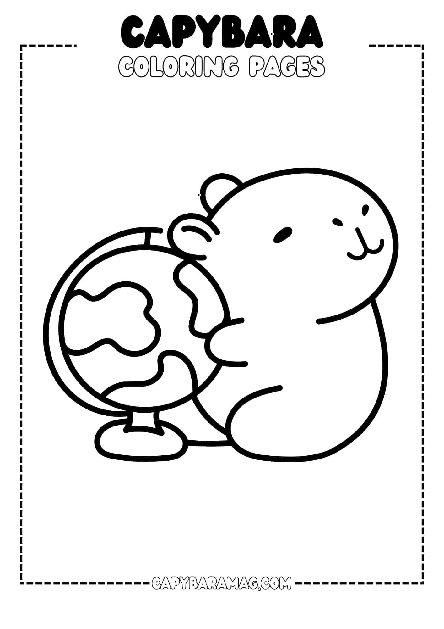 A black and white line drawing of a capybara with a globe.