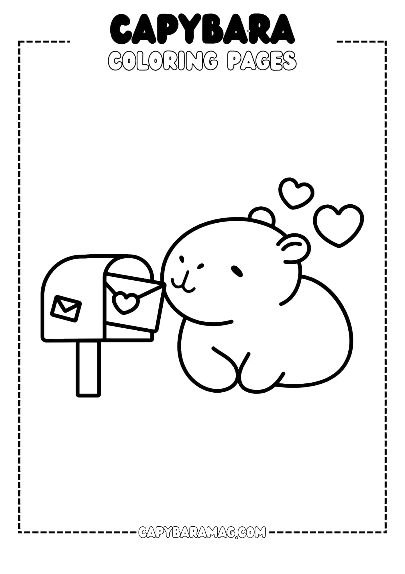 A coloring page featuring a capybara checking the mail for a Valentine's Day card.