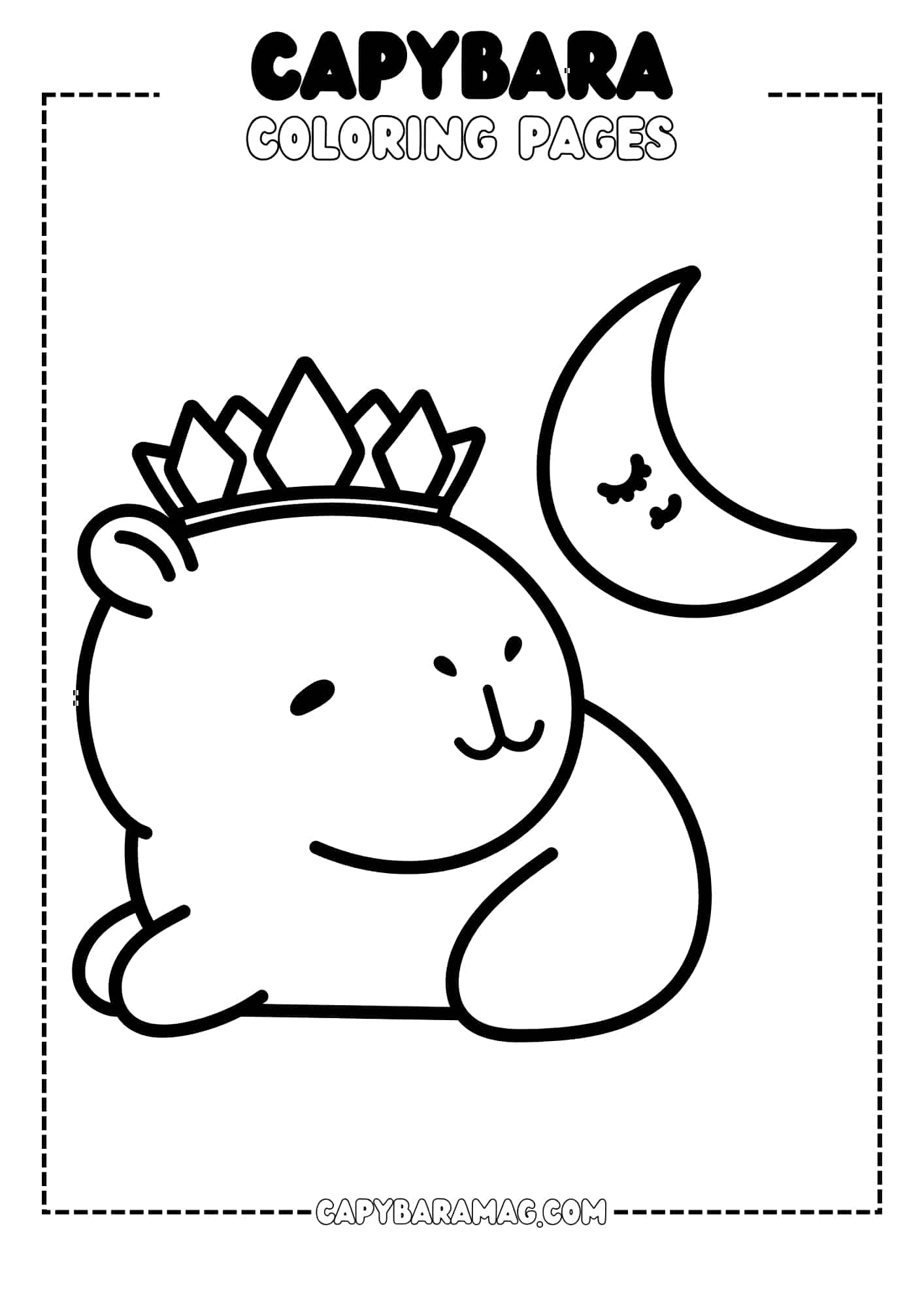 A simple line drawing of a capybara wearing a crown with the moon in the background. The moon has a cute face and the capybara is smiling.