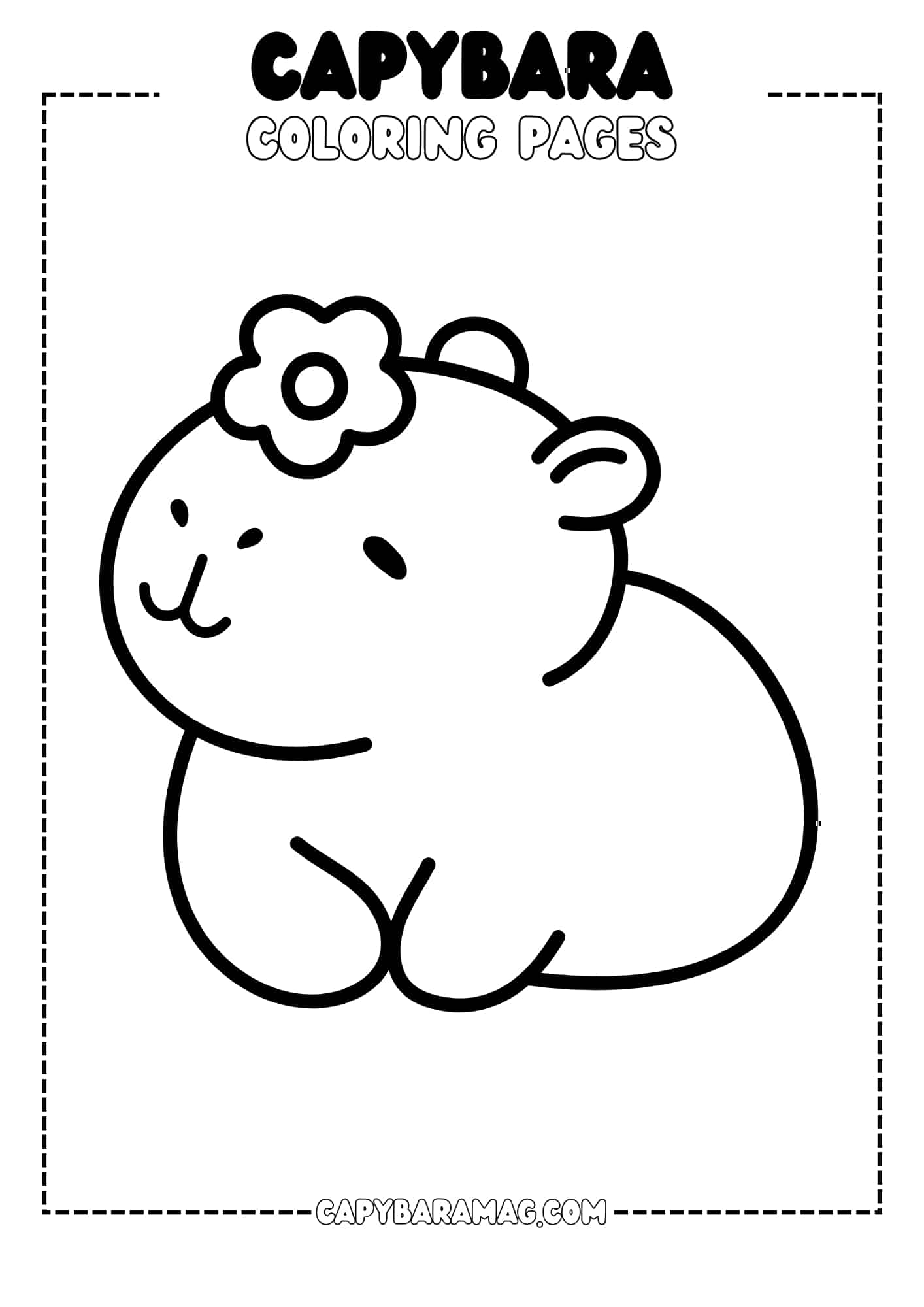 A coloring page featuring a cute capybara with a flower in its hair.