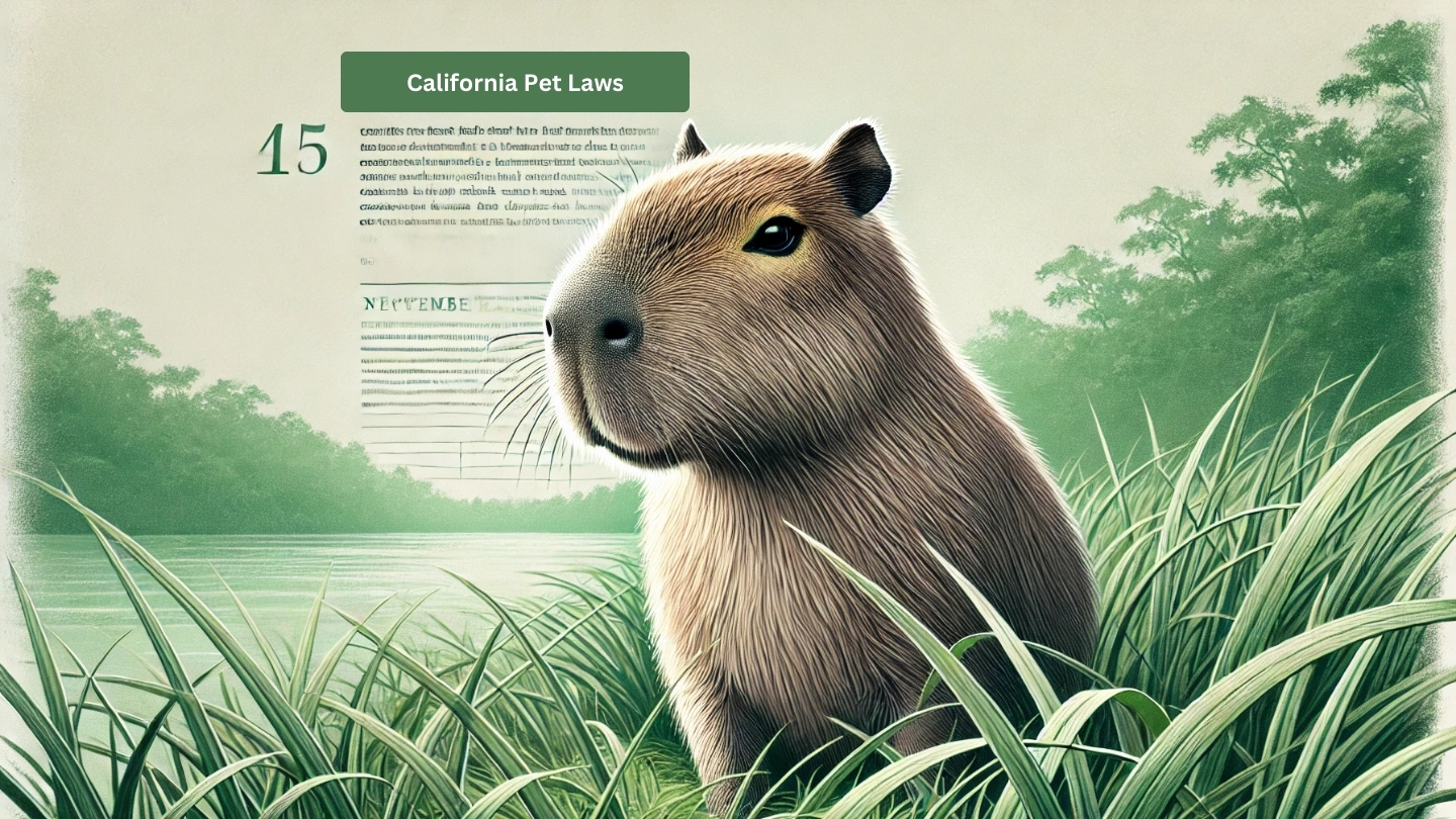 A focused and simplified image related to California's laws on exotic pets, featuring only a capybara. The capybara is depicted in a serene and natural setting, representing its status under California's exotic pet laws. The environment should be lush and green, suggestive of a natural habitat, but with subtle hints of regulation like faint boundaries or signage in the background.