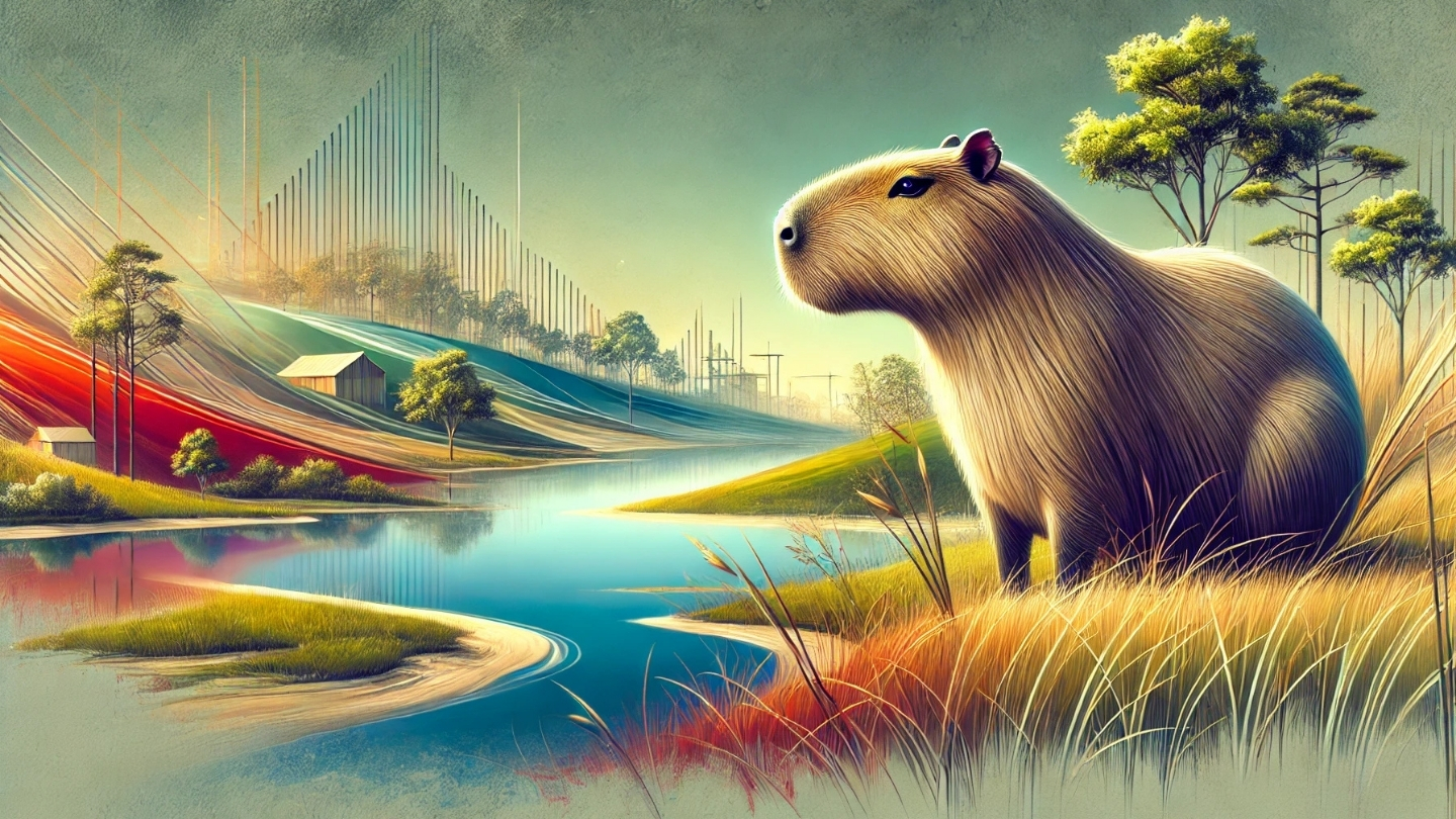 A sophisticated and artistic image depicting the concept of capybaras as exotic pets in California, focusing on the unique nature of capybaras in a stylized, semi-natural setting. The environment should suggest a blend of wild and domestic, with elements like water bodies, grass, and human-made structures faintly visible. The capybaras are central, depicted with a serene and realistic look, to convey their status as exotic pets.