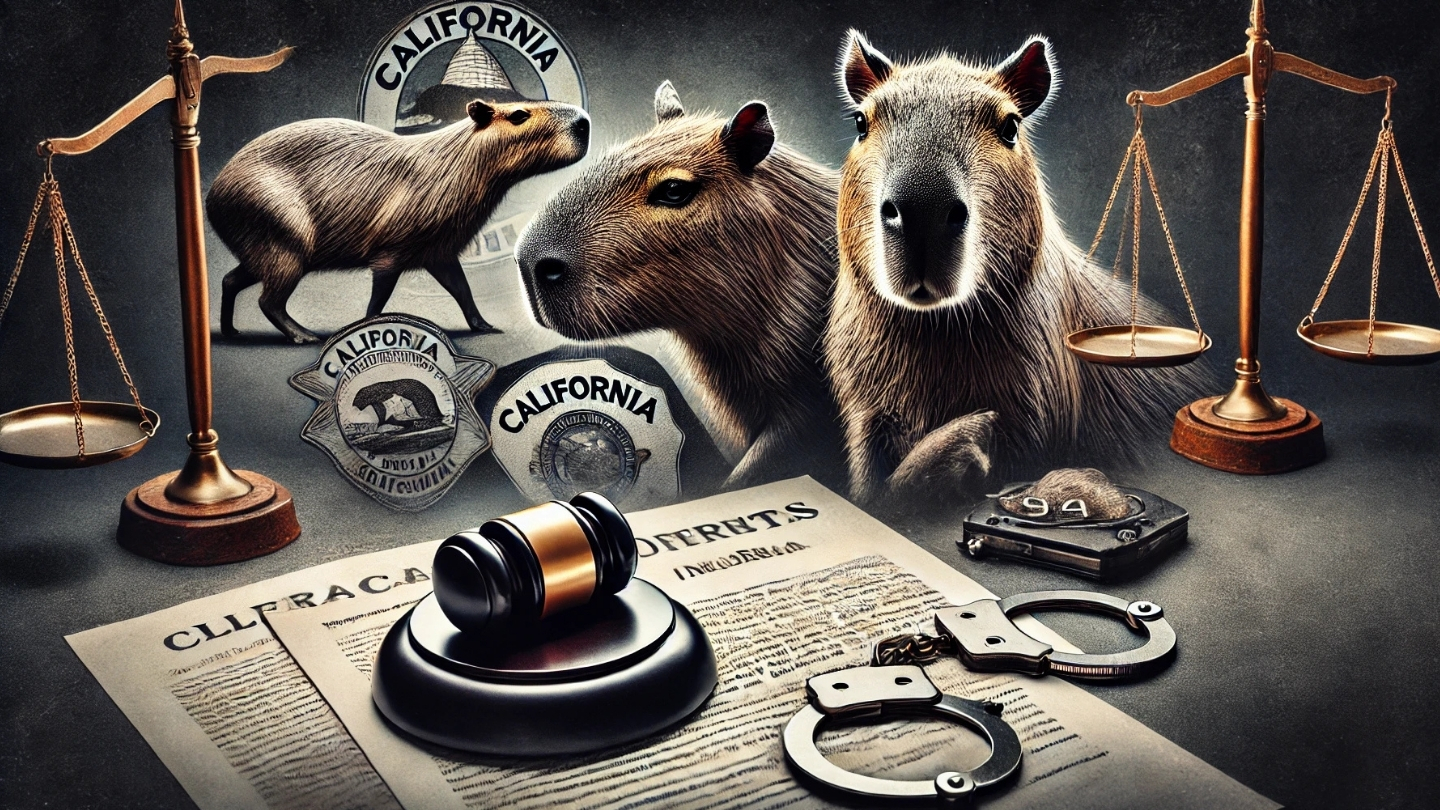 A dramatic and impactful image illustrating the penalties for illegal capybara ownership in California. The image features symbolic elements such as a gavel, handcuffs, and legal documents, all set against a backdrop that subtly incorporates capybaras in a less-than-ideal setting, hinting at the consequences of illegal pet ownership.