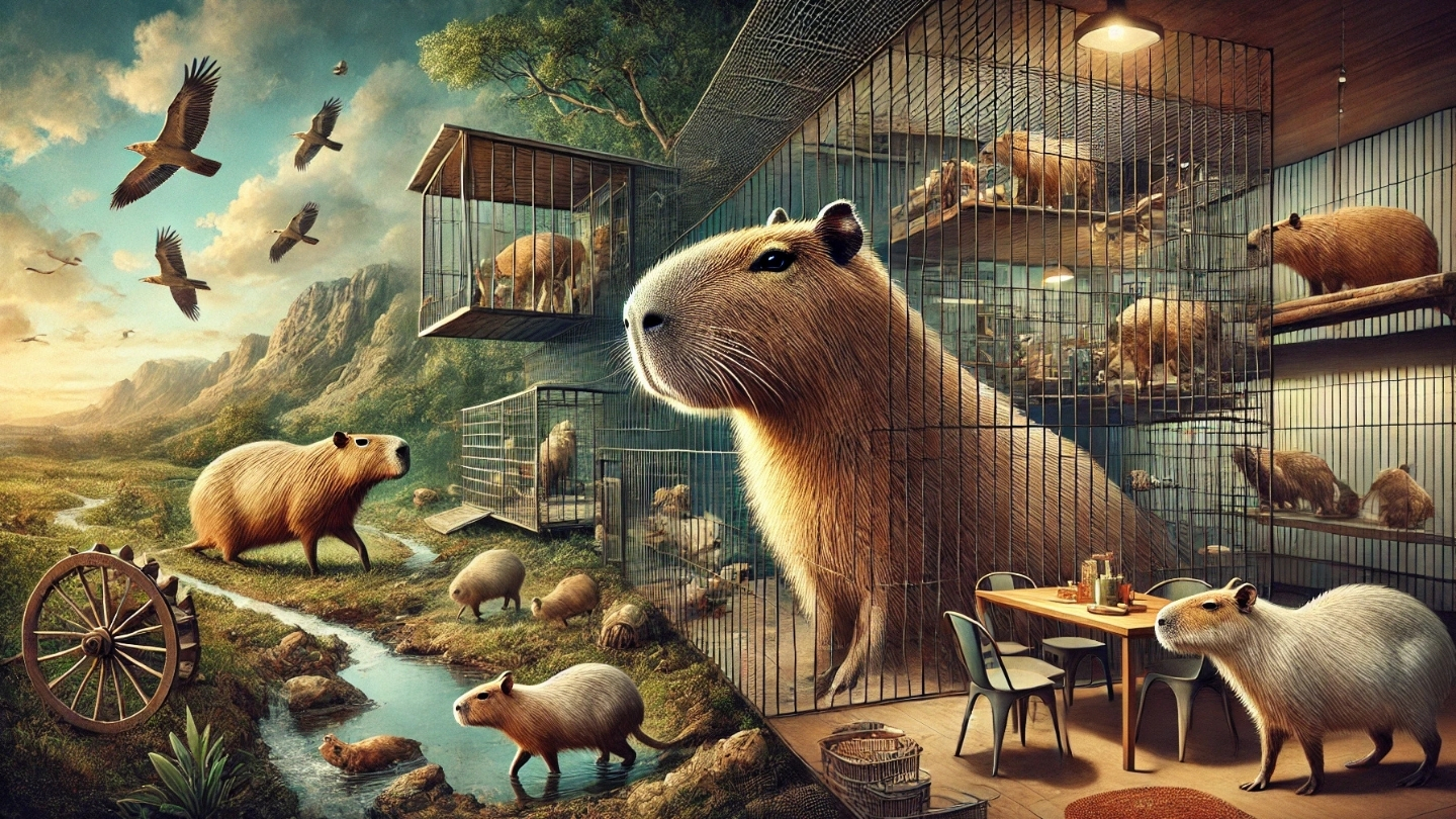 An evocative and thought-provoking image depicting the challenges of keeping wild animals as pets, focusing on a variety of animals including a capybara, which are often considered for pet ownership. The setting should suggest a mix of domestic and wild elements, with cages and natural landscapes merging. This contrast highlights the ethical and practical challenges of such practices.