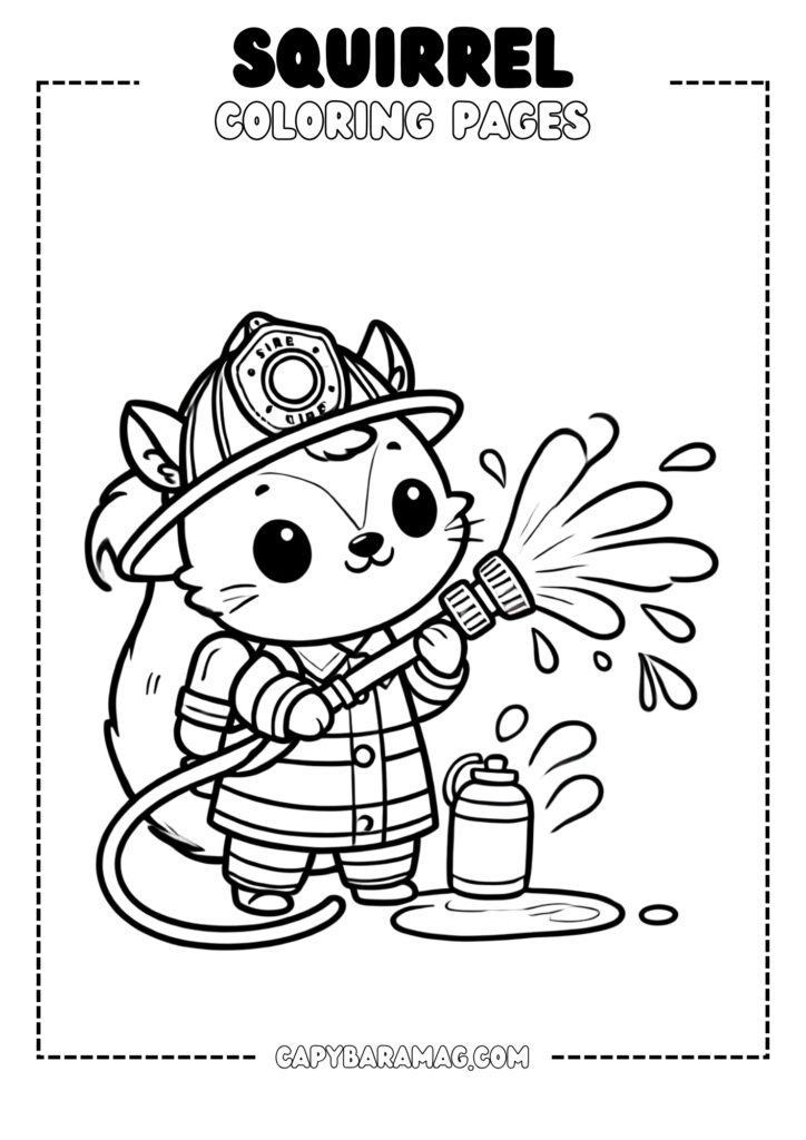 A simple black-and-white coloring page featuring a squirrel dressed as a firefighter, holding a hose and spraying water. The design should have clear, bold outlines and be easy for kids to color.