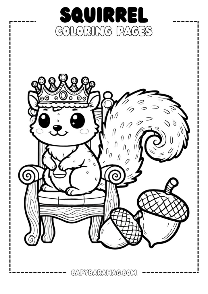 A simple black-and-white coloring page featuring a squirrel wearing a crown and sitting on a throne made of acorns. The design should have clear, bold outlines and be easy for kids to color.