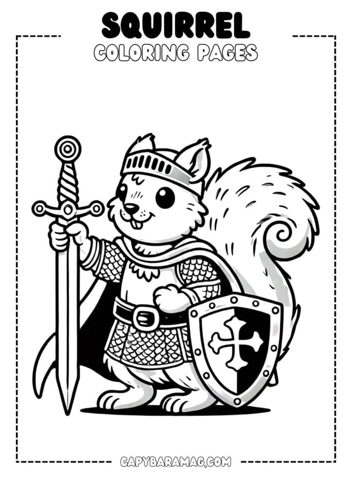 A simple black-and-white coloring page featuring a squirrel dressed as a knight, holding a sword and shield. The design should have clear, bold outlines and be easy for kids to color.