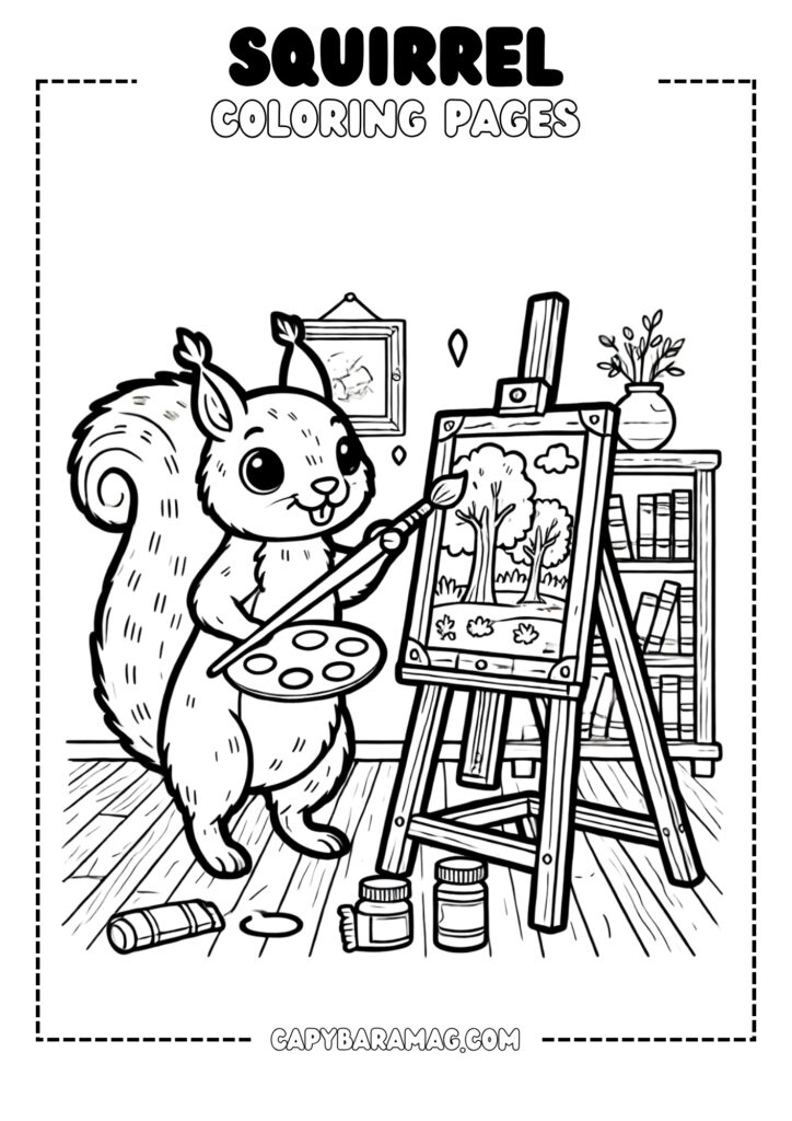 A simple black-and-white coloring page featuring a squirrel painting a picture on an easel. The design should have clear, bold outlines and be easy for kids to color.