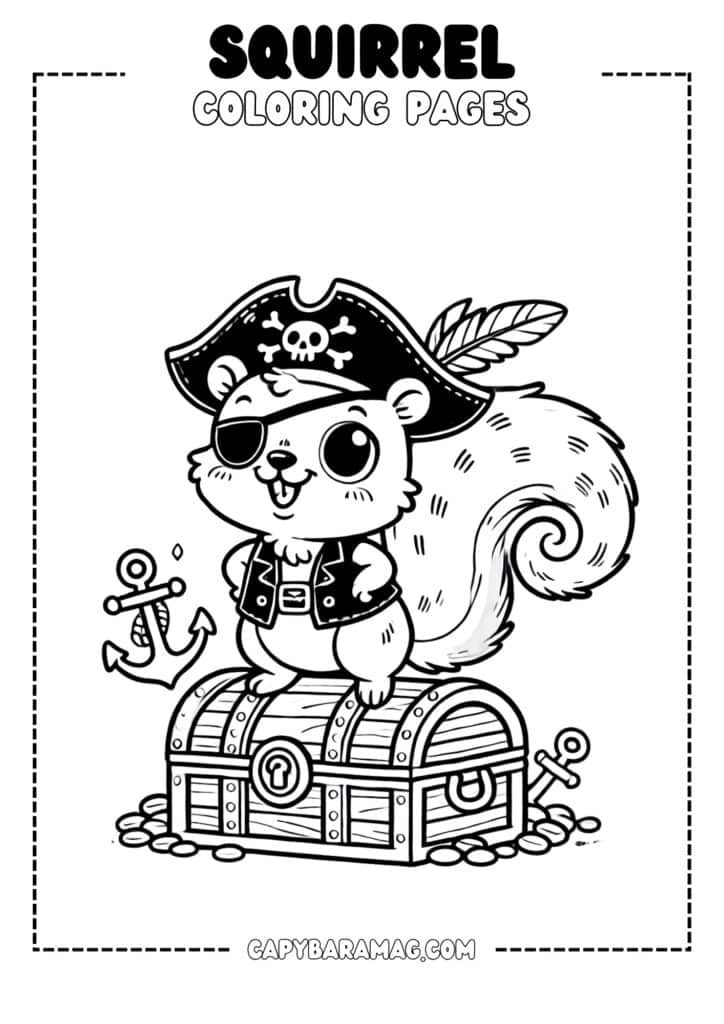 A simple black-and-white coloring page featuring a squirrel dressed as a pirate, standing on a treasure chest. The design should have clear, bold outlines and be easy for kids to color.