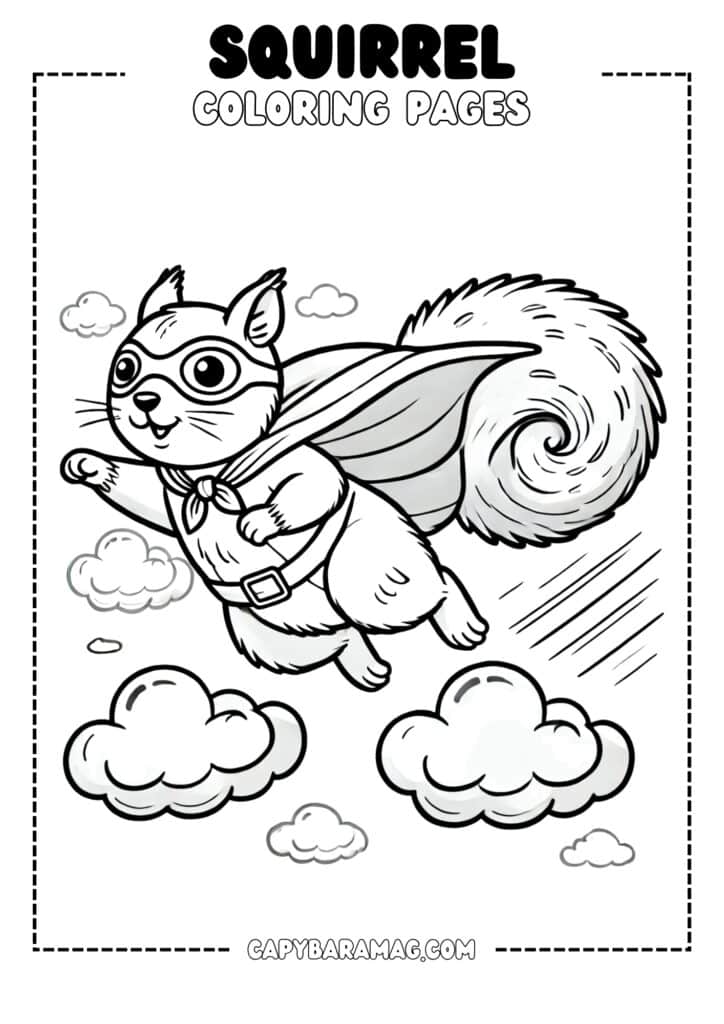 A simple black-and-white coloring page featuring a squirrel dressed as a superhero, flying through the sky with a cape. The design should have clear, bold outlines and be easy for kids to color.