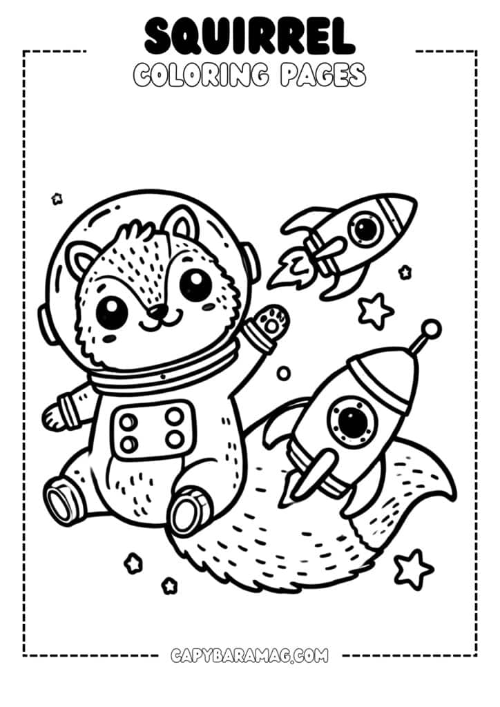 A simple black-and-white coloring page featuring a squirrel dressed as an astronaut, floating in space with a small rocket nearby. The design should have clear, bold outlines and be easy for kids to color.