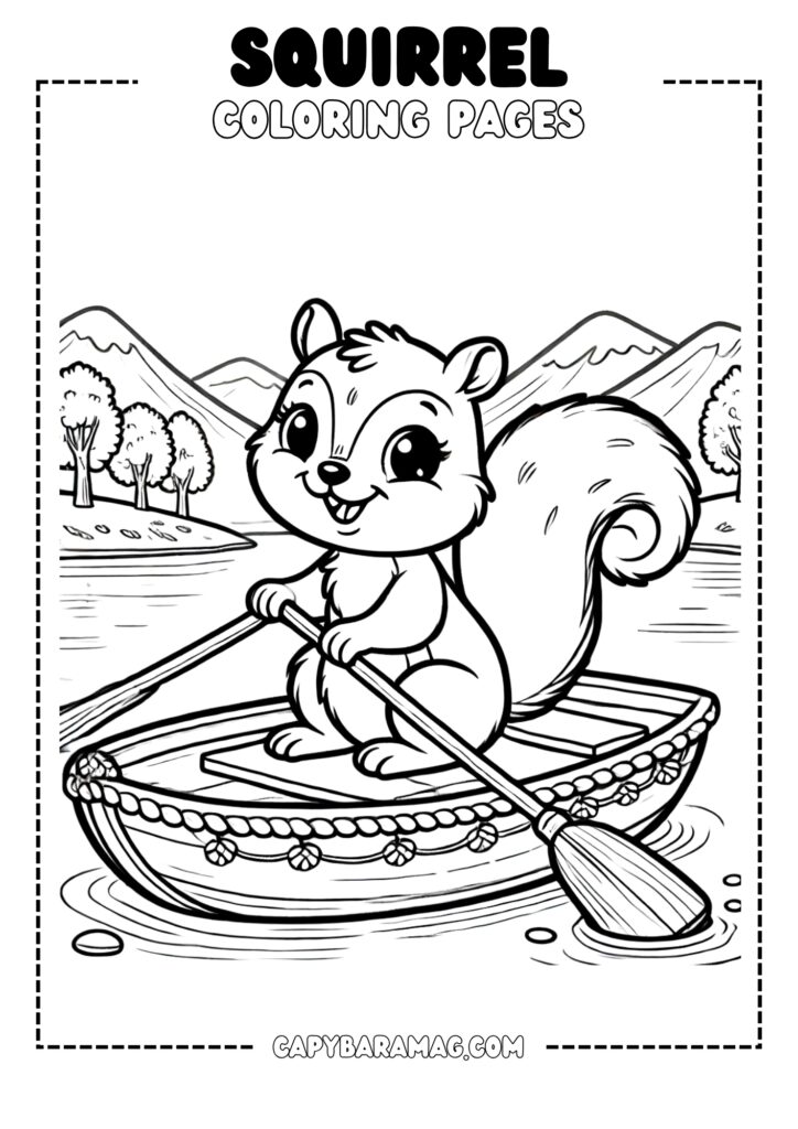 A simple black-and-white coloring page featuring a happy squirrel rowing a small boat on a lake. The design should have clear, bold outlines and be easy for kids to color.