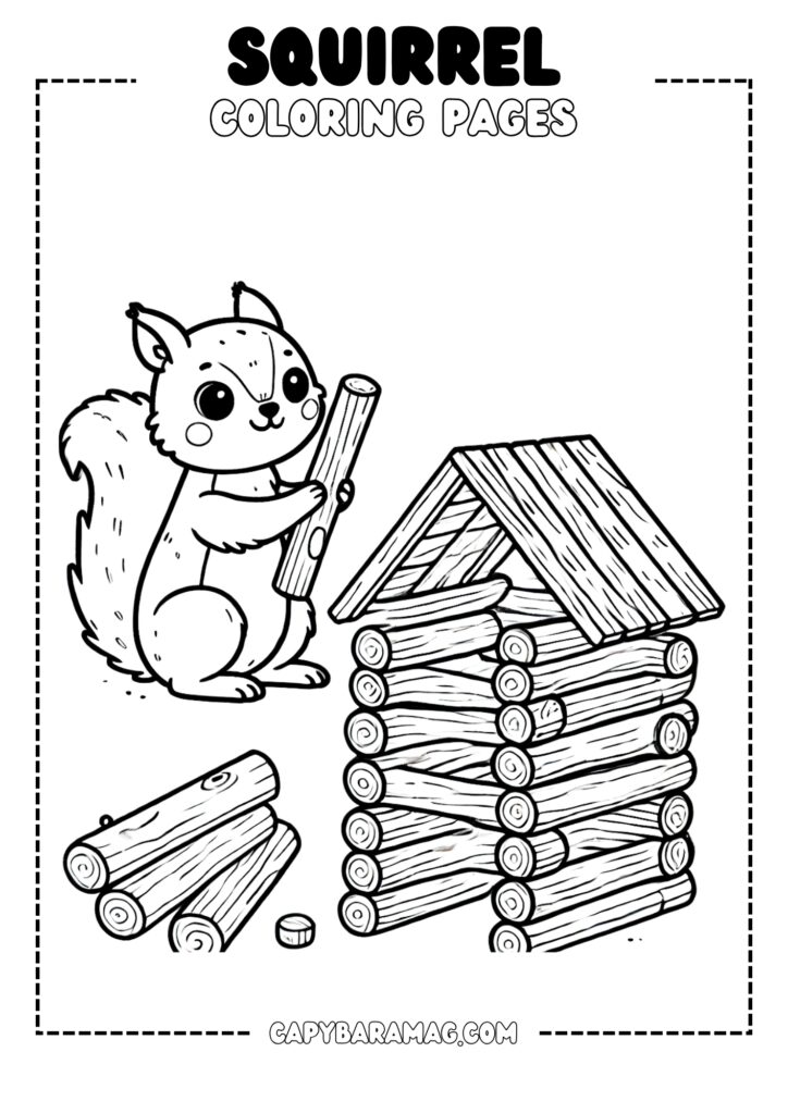 A simple black-and-white coloring page featuring a squirrel building a small house out of sticks. The design should have clear, bold outlines and be easy for kids to color.