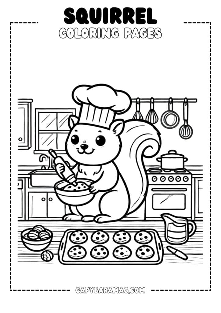 A simple black-and-white coloring page featuring a squirrel in a chef’s hat, baking cookies in a kitchen. The design should have clear, bold outlines and be easy for kids to color.