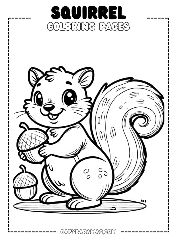 A simple black-and-white coloring page featuring a cute squirrel holding an acorn. The design should have clear, bold outlines and be easy for kids to color.