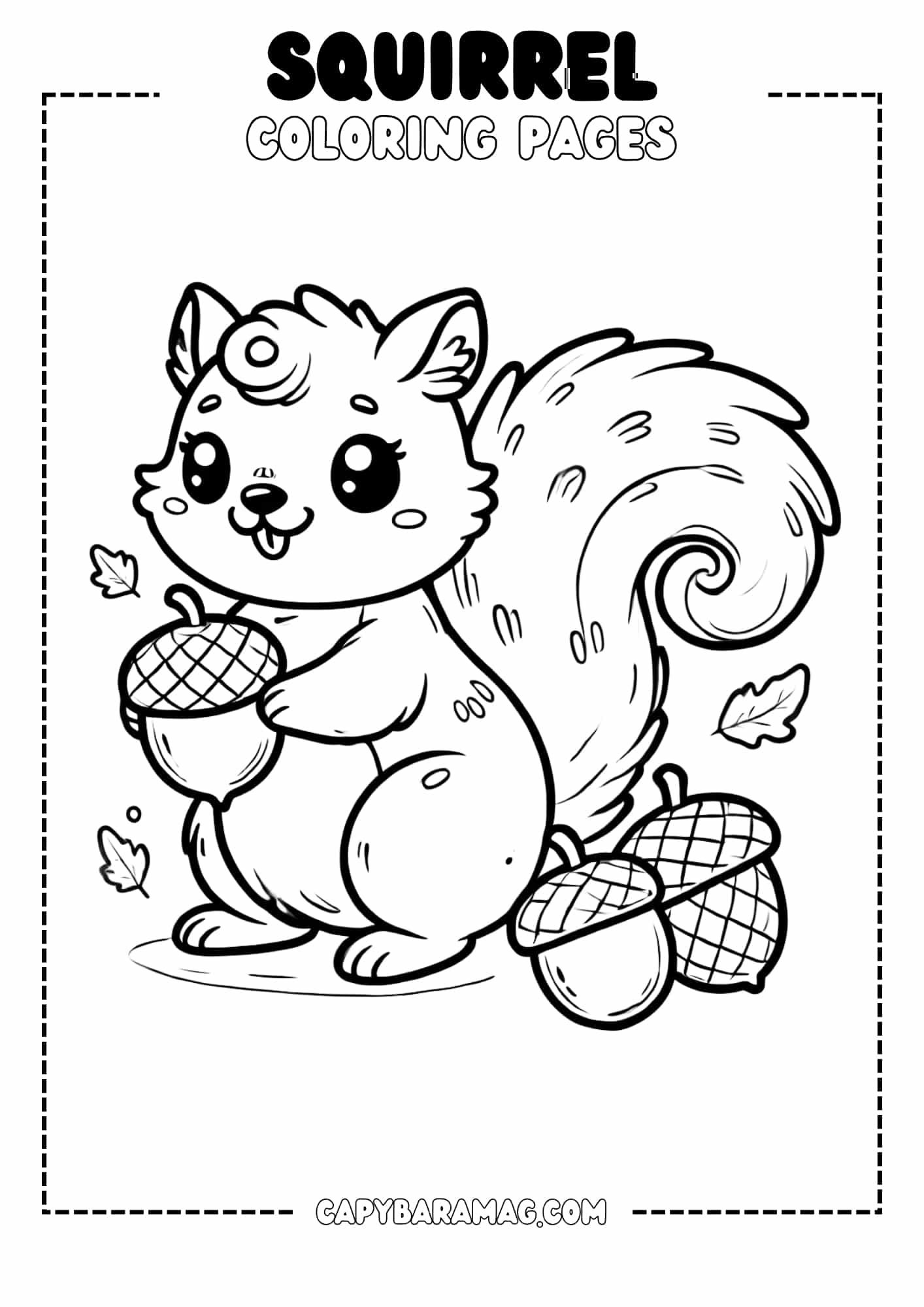 A simple black-and-white coloring page featuring a cute squirrel holding an acorn. The design should have clear, bold outlines and be easy for kids to color.