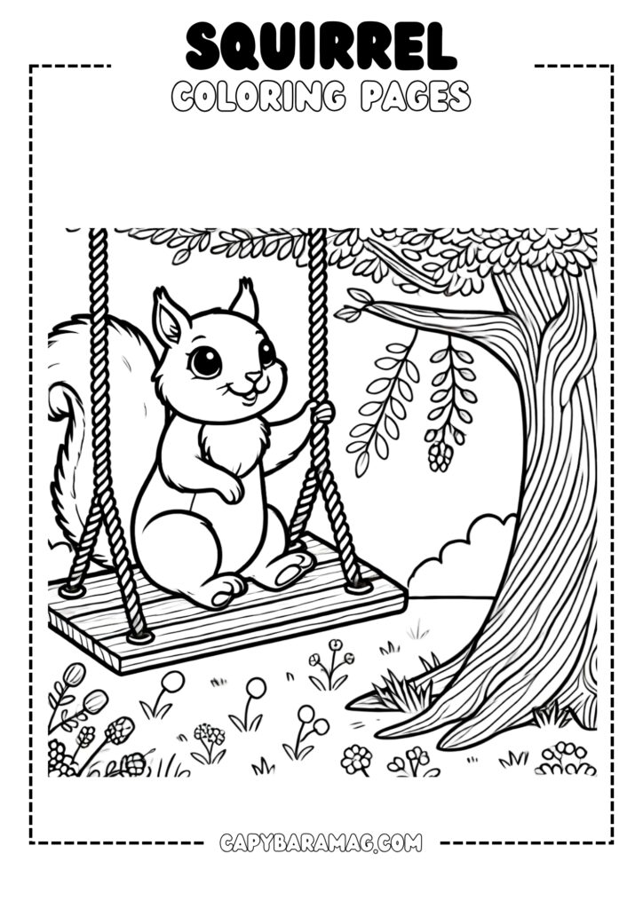 A simple black-and-white coloring page featuring a squirrel sitting on a swing, enjoying the breeze. The design should have clear, bold outlines and be easy for kids to color.