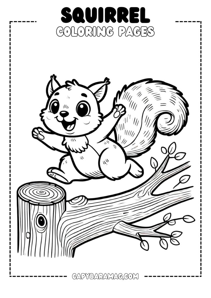 A simple black-and-white coloring page featuring a happy squirrel jumping from tree to tree. The design should have clear, bold outlines and be easy for kids to color.