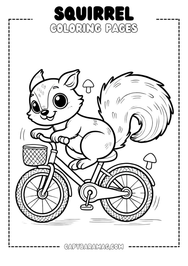 A simple black-and-white coloring page featuring a cheerful squirrel riding a bicycle. The design should have clear, bold outlines and be easy for kids to color.