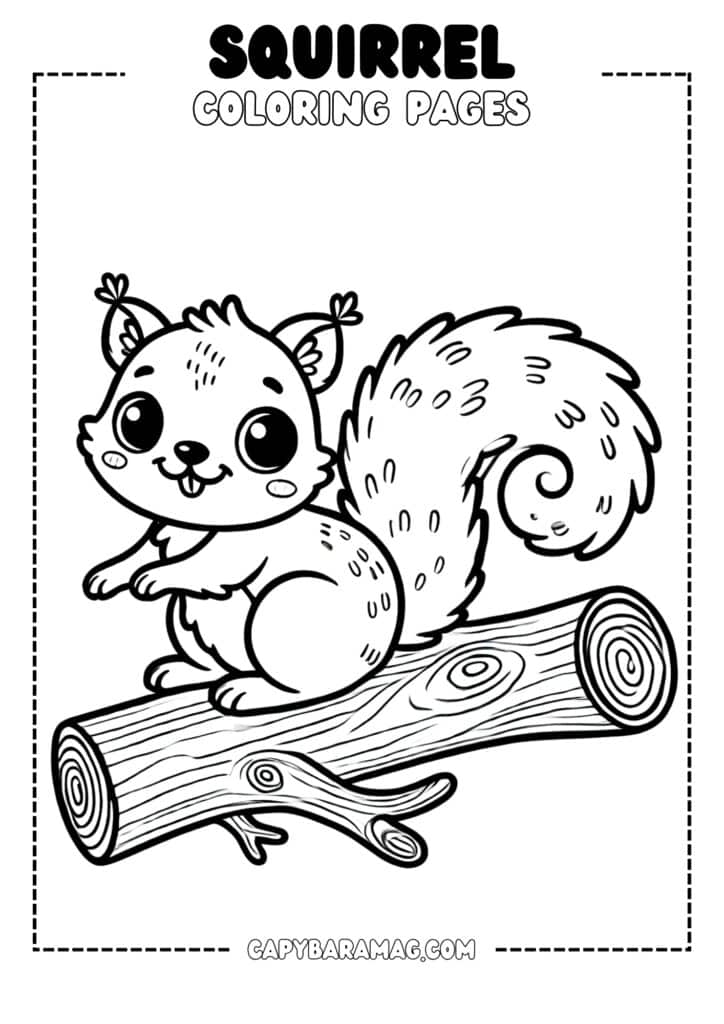 A simple black-and-white coloring page featuring a playful squirrel sitting on a tree branch with a bushy tail. The design should have clear, bold outlines and be easy for kids to color.