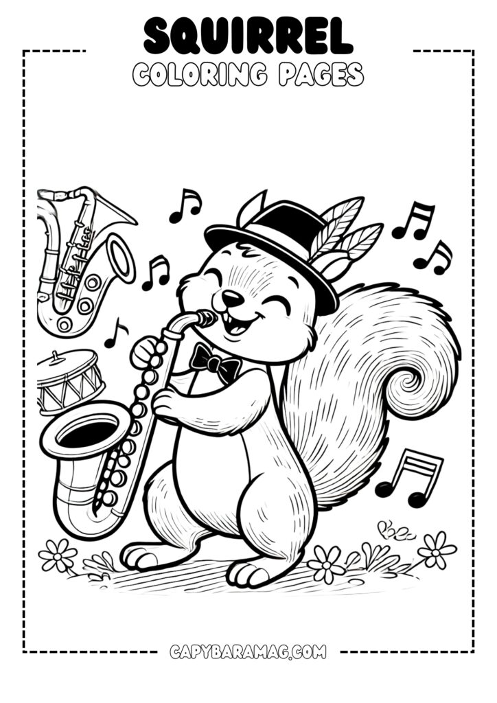 A simple black-and-white coloring page featuring a squirrel playing a saxophone in a jazz band. The design should have clear, bold outlines and be easy for kids to color.