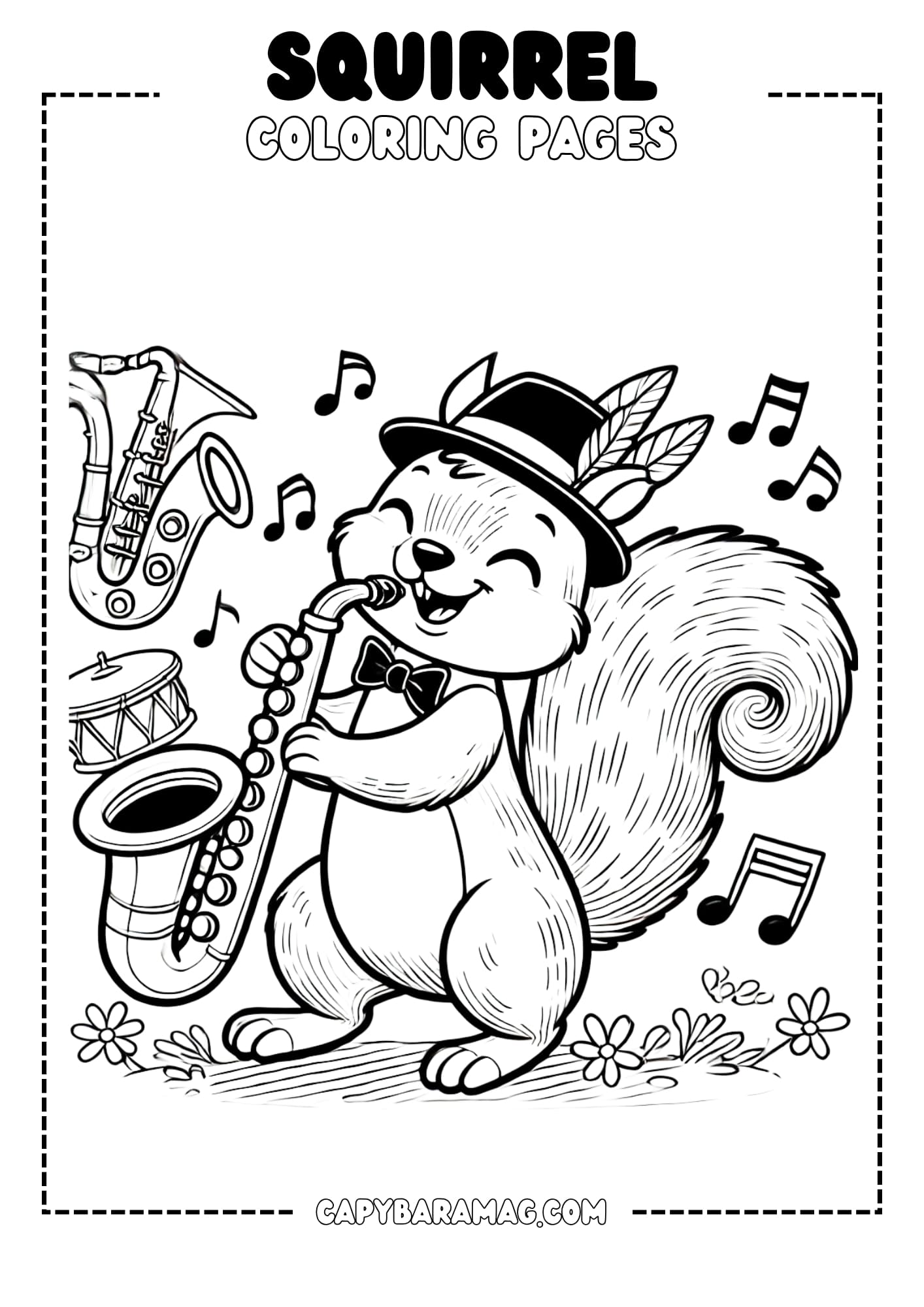 A simple black-and-white coloring page featuring a squirrel playing a saxophone in a jazz band. The design should have clear, bold outlines and be easy for kids to color.