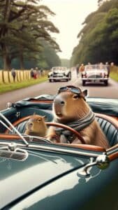 capyara driving vintage car in road with a little capybara sitting beside high quality 4k wallpaper
