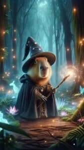 1440x2560 pixels of capybara magician with a bright wand in 4k quality
