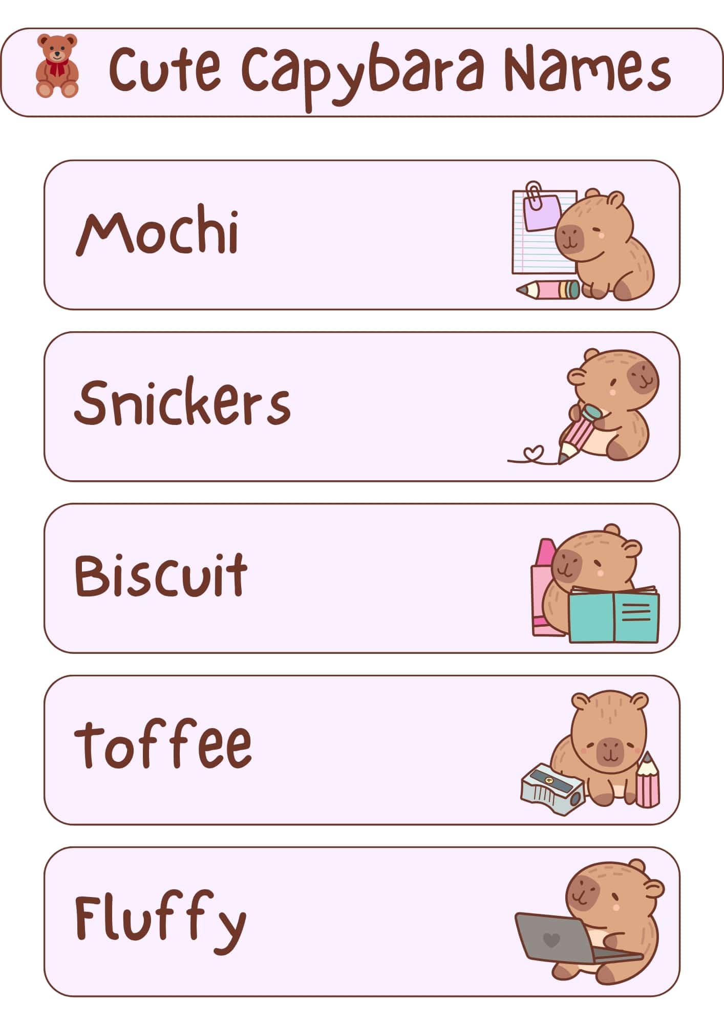 A light pink and white graphic displaying the title "Cute Capybara Names" at the top, along with a small teddy bear icon. Underneath the title are five horizontal, light pink rectangles, each containing a capybara name in a handwritten-style font and a small cartoon illustration of a capybara. From top to bottom, the names and illustrations are: "Mochi" with a capybara holding a pencil and notepad; "Snickers" with a capybara holding a pencil with a heart; "Biscuit" with a capybara holding an open book and bottles; "Toffee" with a capybara next to a pencil sharpener and pencils; and "Fluffy" with a capybara using a laptop.