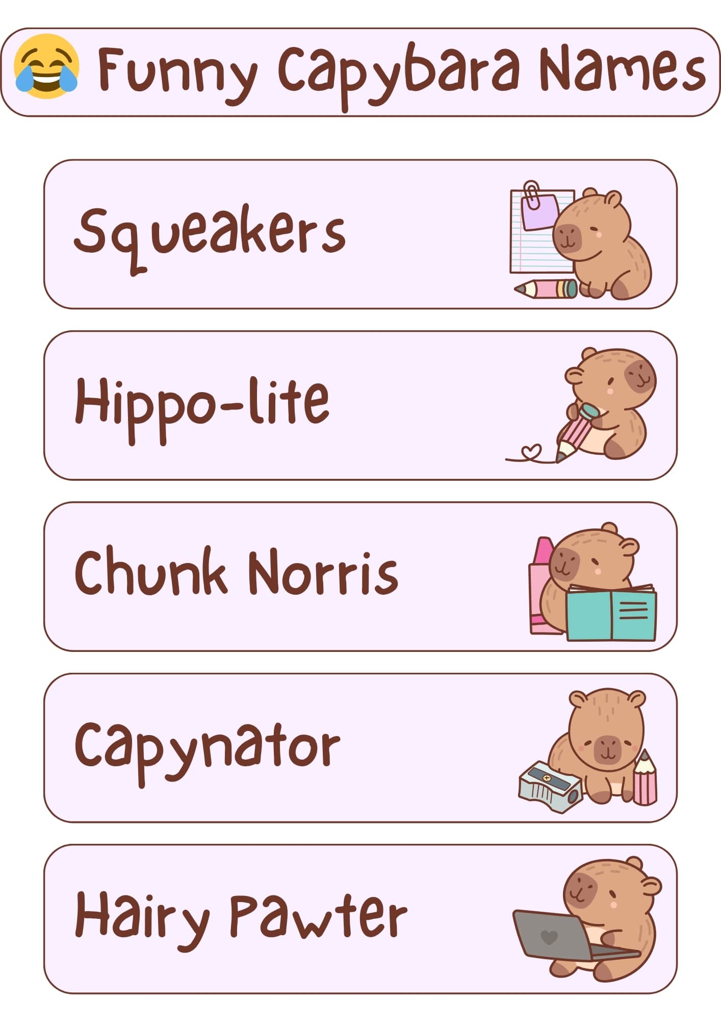 A light pink and white graphic displaying the title "Funny Capybara Names" at the top, along with a grinning face with sweat emoji. Underneath the title are five horizontal, light pink rectangles, each featuring a humorous capybara name in a handwritten-style font and a small cartoon illustration of a capybara. From top to bottom, the names and illustrations are: "Squeakers" with a capybara holding a pencil and notepad; "Hippo-lite" with a capybara holding a pencil with a heart; "Chunk Norris" with a capybara holding an open book and bottles; "Capynator" with a capybara next to a pencil sharpener and pencils; and "Hairy Pawter" with a capybara using a laptop.