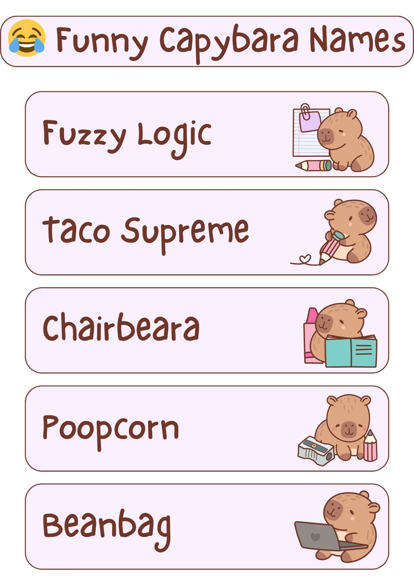 A light pink and white graphic with the title "Funny Capybara Names" at the top, accompanied by a grinning face with sweat emoji. Below the title are five horizontal, light pink rectangles, each containing a humorous capybara name in a handwritten-style font and a small cartoon illustration of a capybara engaged in an activity. From top to bottom, the names and illustrations are: "Fuzzy Logic" with a capybara holding a pencil and notepad; "taco Supreme" with a capybara holding a pencil with a heart; "Chairbeara" with a capybara holding an open book and bottles; "Poopcorn" with a capybara next to a pencil sharpener and pencils; and "Beanbag" with a capybara using a laptop.