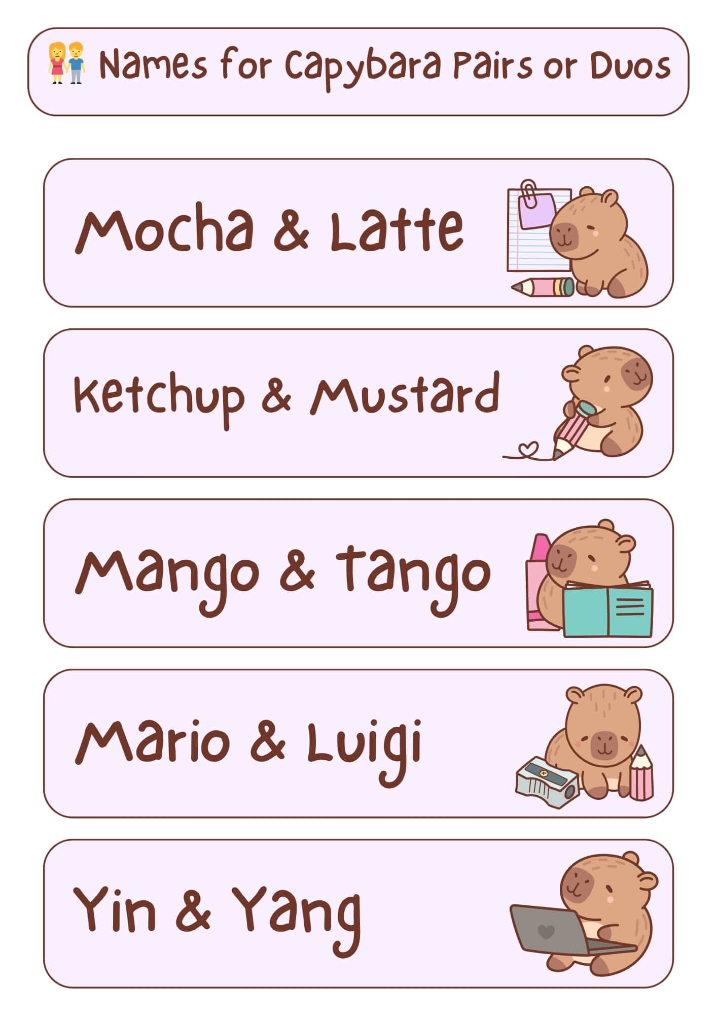 A light pink and white graphic with the title "Names for Capybara Pairs or Duos" at the top, accompanied by two small cartoon figures, one male and one female. Below the title are five horizontal, light pink rectangles, each containing a pair of capybara names in a handwritten-style font and a small cartoon illustration of a capybara. From top to bottom, the names and illustrations are: "Mocha & Latte" with a capybara holding a pencil and notepad; "Ketchup & Mustard" with a capybara holding a pencil with a heart; "Mango & Tango" with a capybara holding an open book and bottles; "Mario & Luigi" with a capybara next to a pencil sharpener and pencils; and "Yin & Yang" with a capybara using a laptop.
