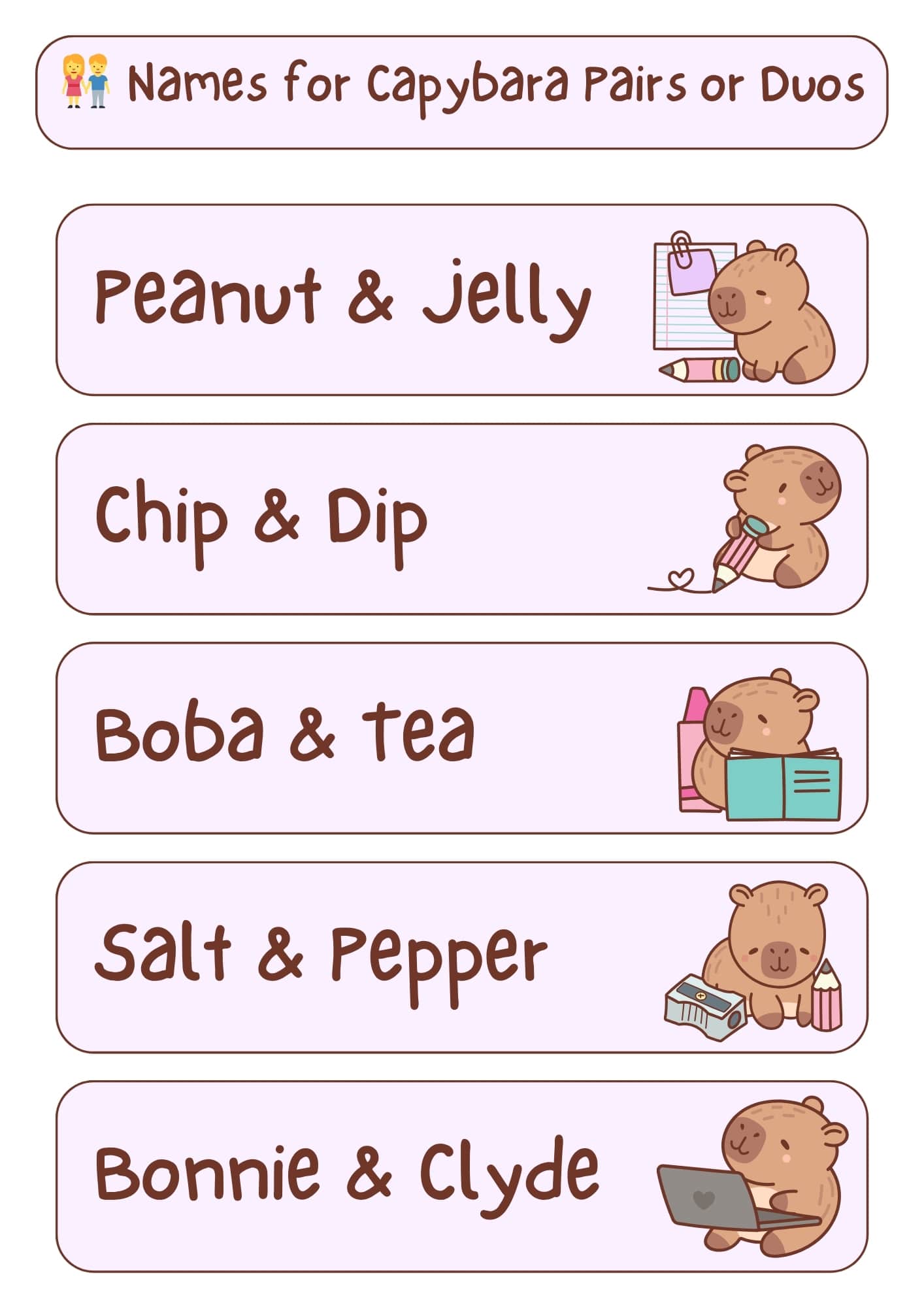 A light pink and white graphic with the title "Names for Capybara Pairs or Duos" at the top, accompanied by two small cartoon figures, one male and one female. Below the title are five horizontal, light pink rectangles, each containing a pair of capybara names in a handwritten-style font and a small cartoon illustration of a capybara engaged in an activity. From top to bottom, the names and illustrations are: "Peanut & Jelly" with a capybara holding a pencil and notepad; "Chip & Dip" with a capybara holding a pencil with a heart; "Boba & Tea" with a capybara holding an open book and bottles; "Salt & Pepper" with a capybara next to a pencil sharpener and pencils; and "Bonnie & Clyde" with a capybara using a laptop.