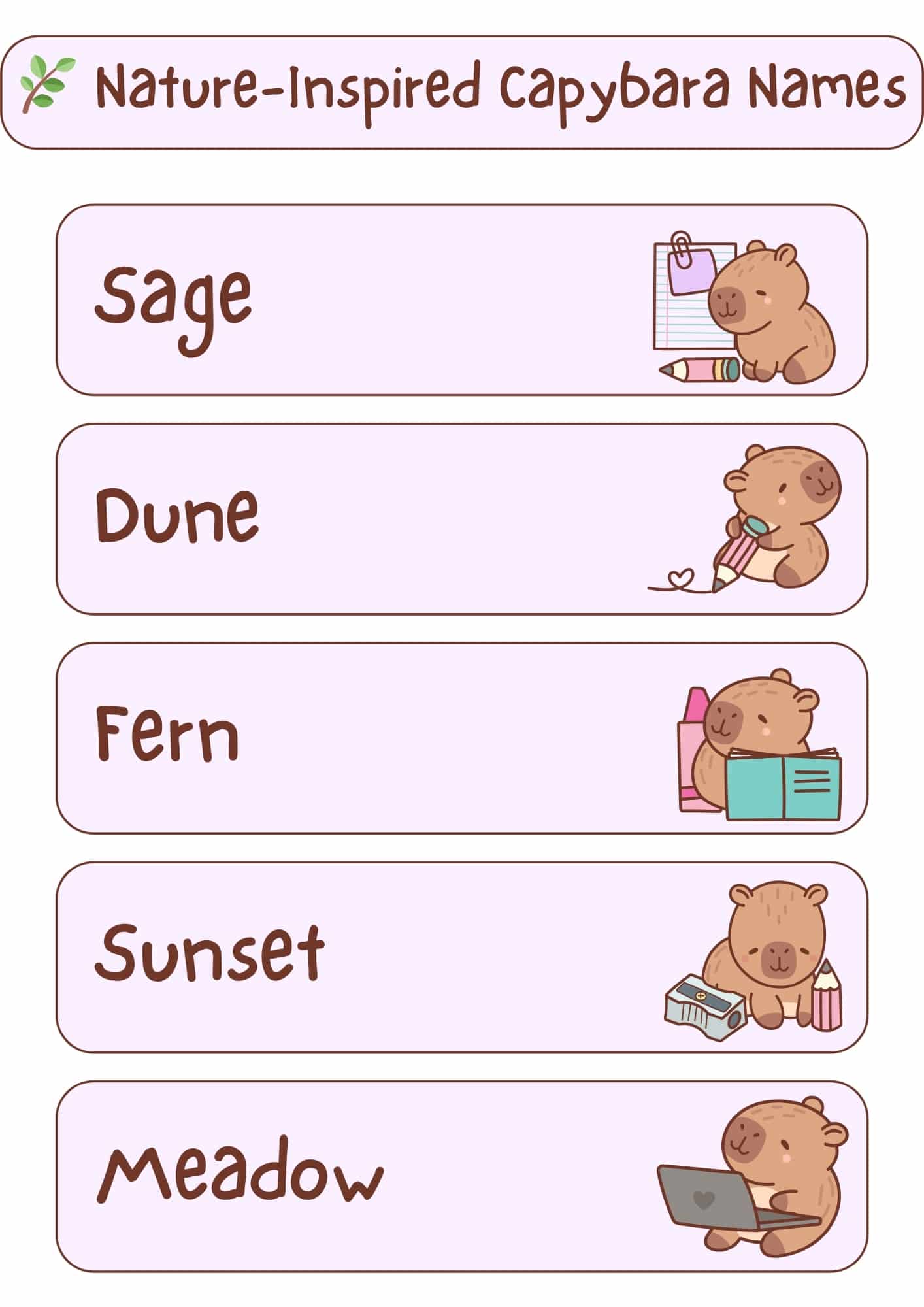 A light pink and white graphic with the title "Nature-Inspired Capybara Names" at the top, accompanied by a green branch with leaves icon. Below the title are five horizontal, light pink rectangles, each containing a nature-inspired capybara name in a handwritten-style font and a small cartoon illustration of a capybara. From top to bottom, the names and illustrations are: "Sage" with a capybara holding a pencil and notepad; "Dune" with a capybara holding a pencil with a heart; "Fern" with a capybara holding an open book and bottles; "Sunset" with a capybara next to a pencil sharpener and pencils; and "Meadow" with a capybara using a laptop.